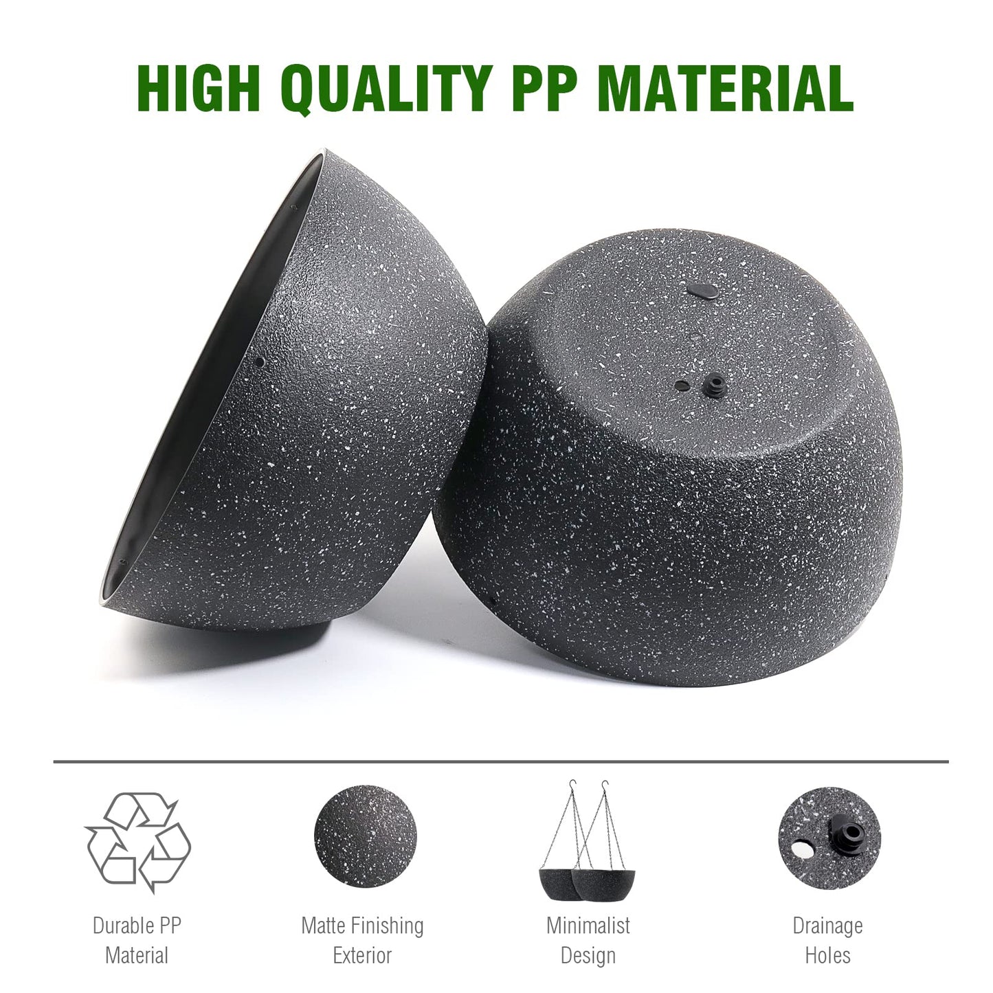 WOUSIWER 13 inch 2Pack Large Hanging Planters for Outdoor Indoor Plants with Drainage Holes and Chain, Round Hanging Flower Pots for Garden Home Porch Decor, Black Speckles