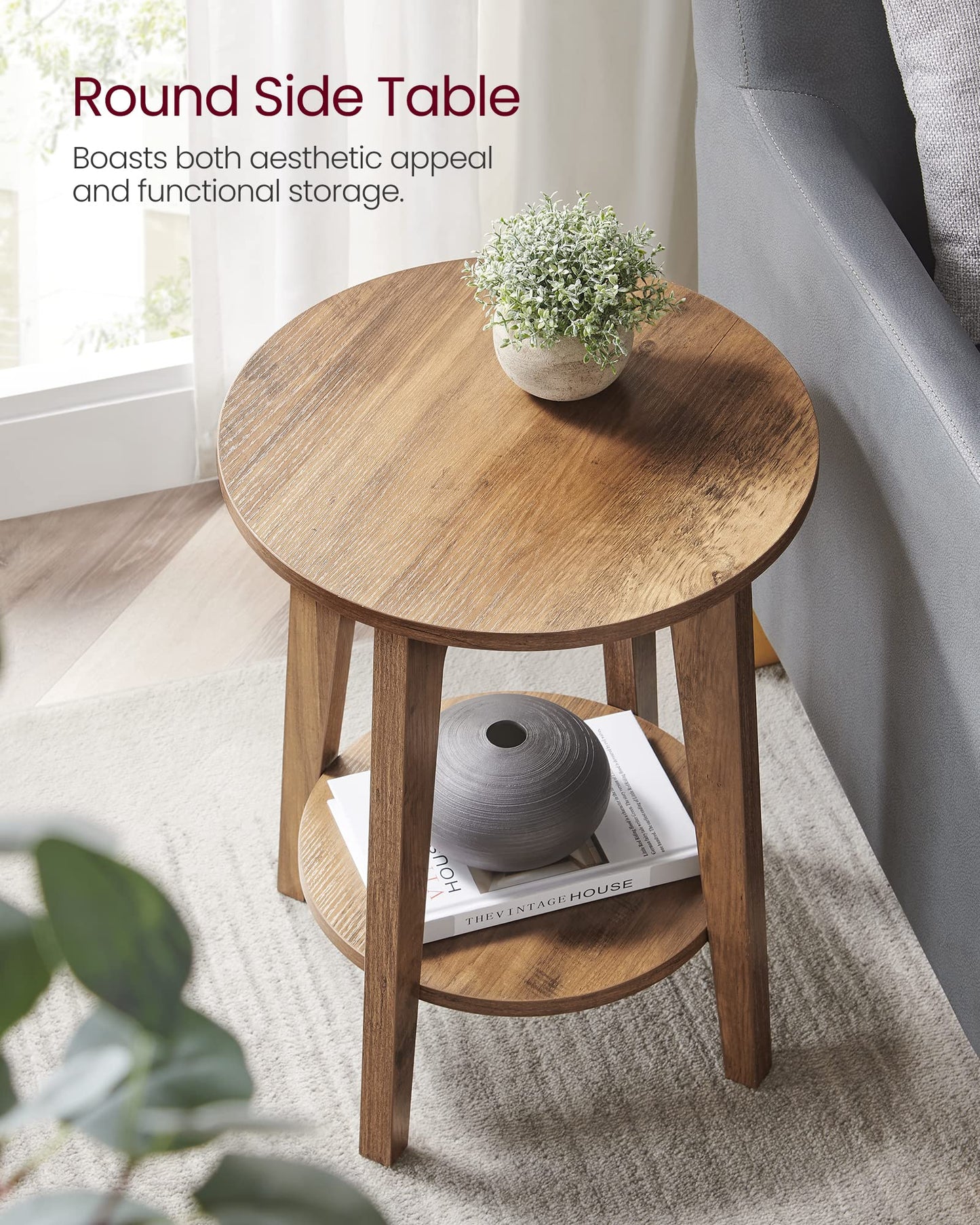 VASAGLE MAEZO Collection - Side Table, 2-Tier Small Round End Table, Nightstand with Tapered Legs, Curved Transitions, for Small Spaces, Living Room, Bedroom, Honey Brown ULET283T41