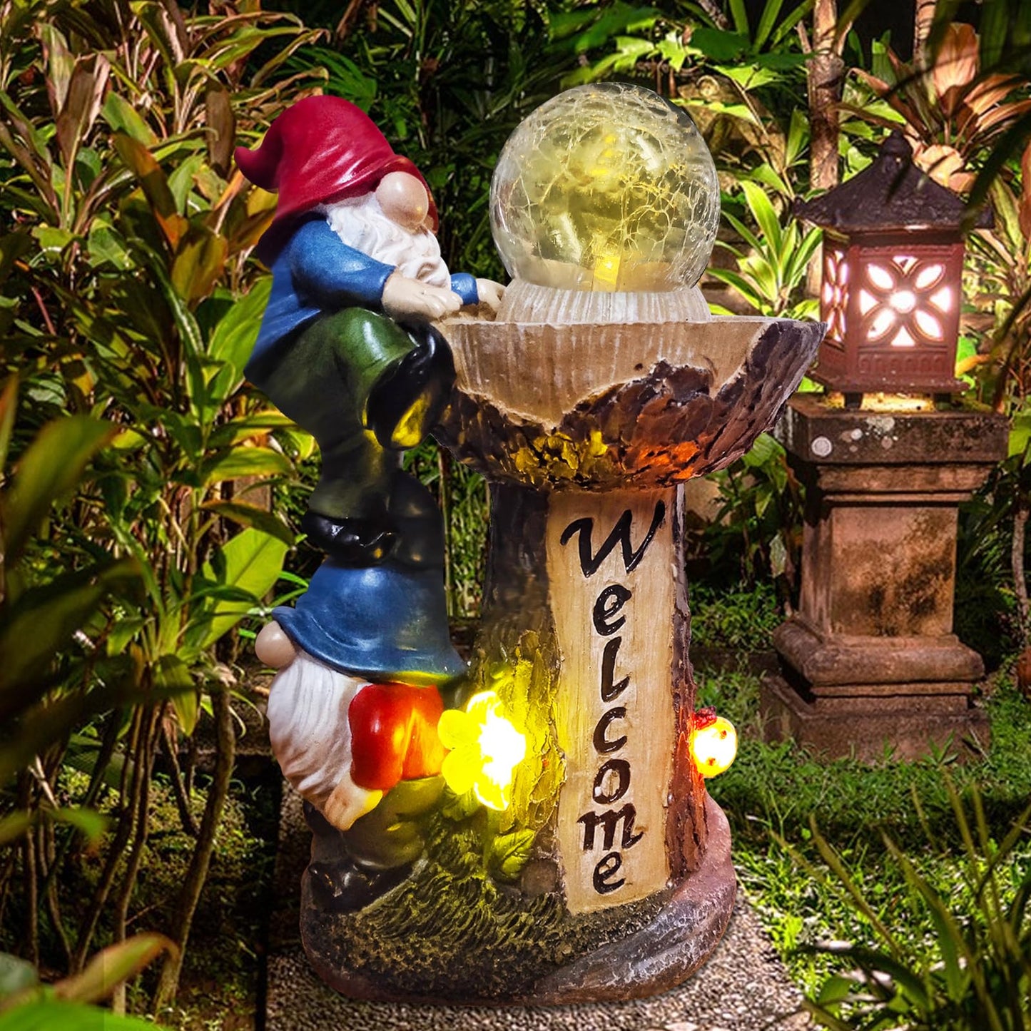 Binqiuu Garden Gnomes Outdoor Statue with Solar LED Lights, Solar Garden Gnomes Decorations10.4 in Funny Double Gnomes Sculptures Home Outdoor Lawn Yard Decor, Ideal Gnomes Gifts for Women/Grandma/Mom