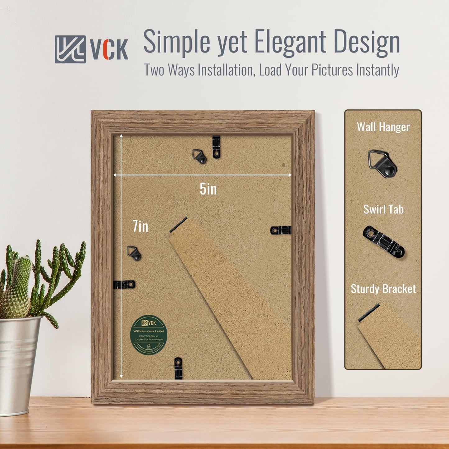 VCK 5x7 Picture Frame 2 Pack - Walnut, High-End Wood Poster Frames with Tempered Glass, Display 4x6 Photo with Mat or 5x7 without Mat, Art Gallery-Quality, Wall Hanging/Tabletop, Walnut