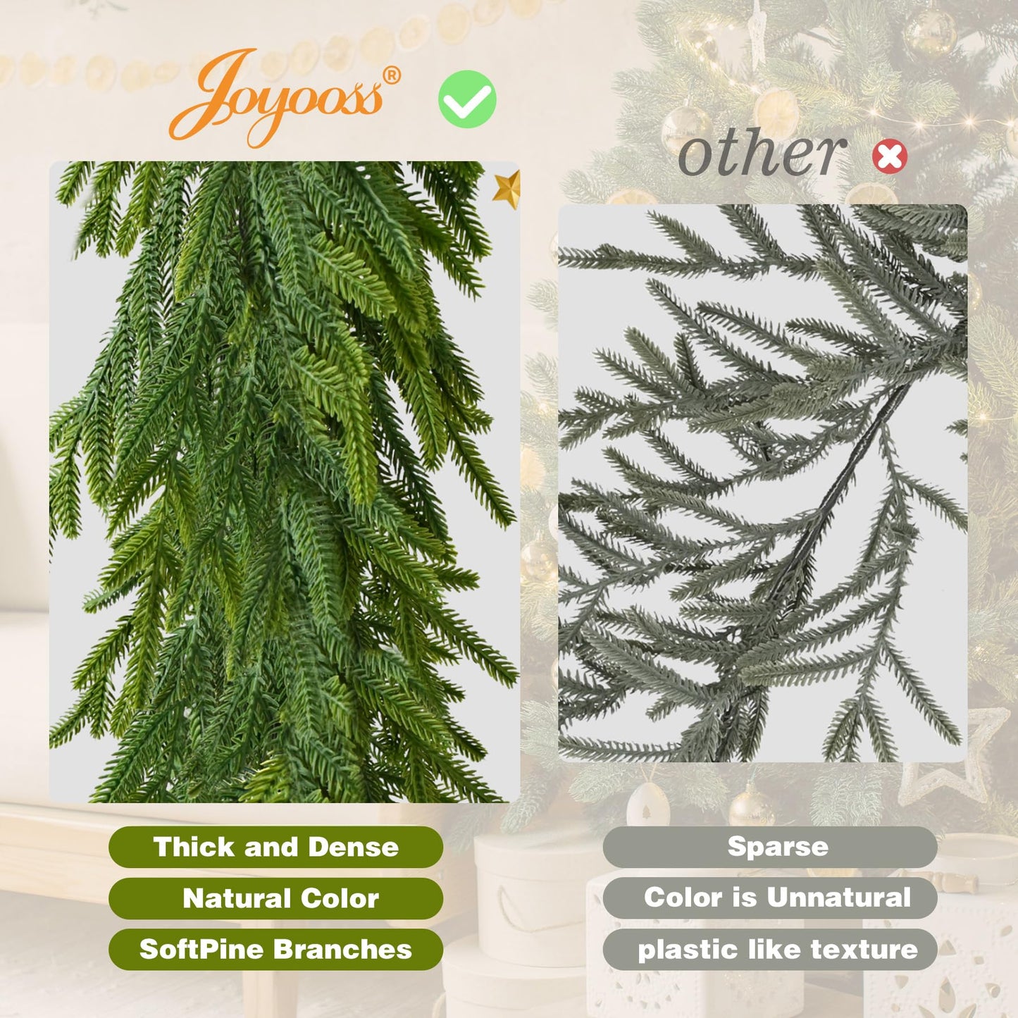 6FT Christmas Garland Norfolk Pine Garland Real Touch Faux Greenery Cedar Garlands for Mantle,Table,Wall,Christmas Decorations Indoor Outdoor