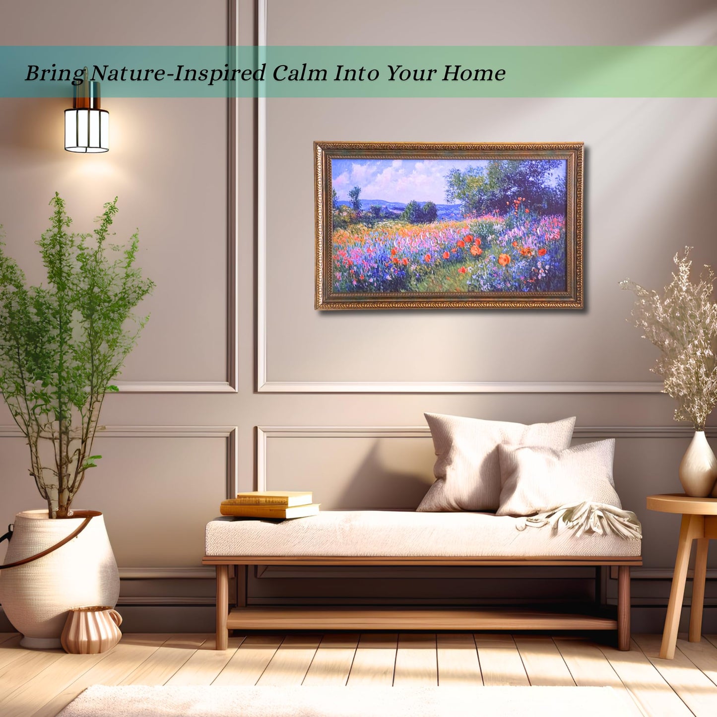 TAKORO Hand-Painted Textured Wildflower Field Canvas Art with Eco-Friendly Frame, Claude Monet Style Wall Decor OD Size 27"x16.75"