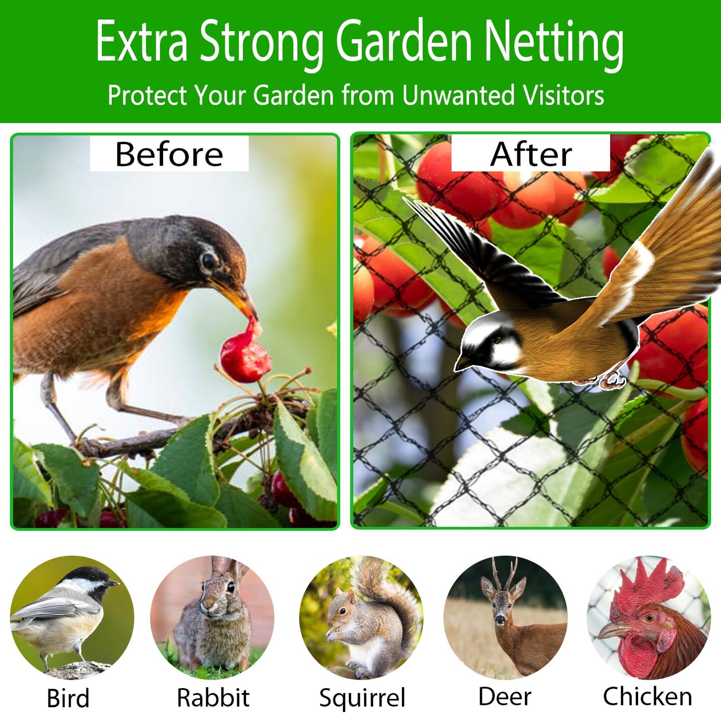 mychoiii Bird Netting for Garden 40 x 40 FT, Heavy Duty 3/8" Woven Mesh Garden Netting with 12 Stakes, HDPE Anti Bird Net for Fruit Trees Vegetables Blueberry Deer Poultry, Black