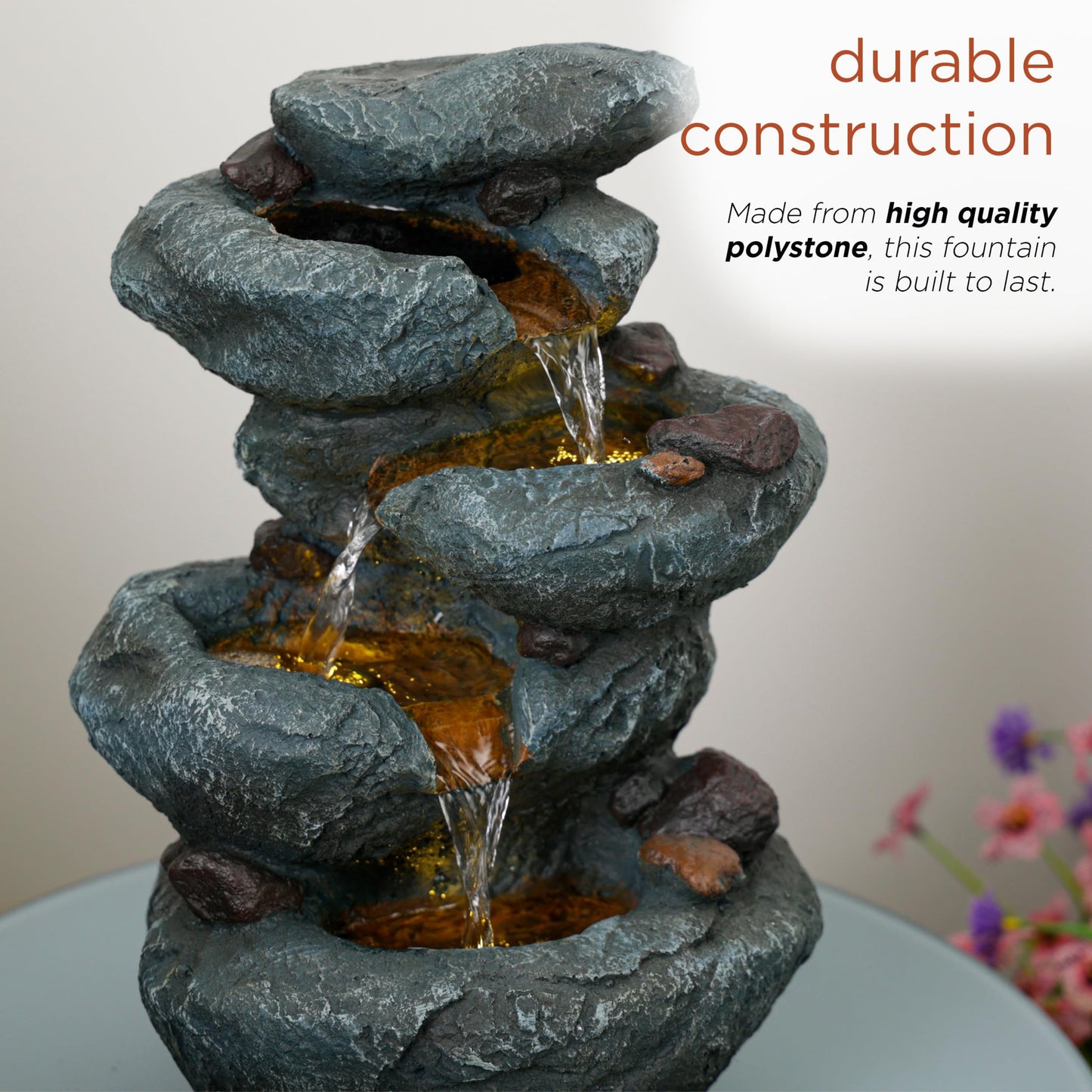 Alpine Corporation TZL418 14" 3 Tier Rock Fountain with LED Lights, Elegant Cascading Water Feature for Tabletop, Indoor Decor, Relaxing Stone Waterfall for Home & Office, Gray