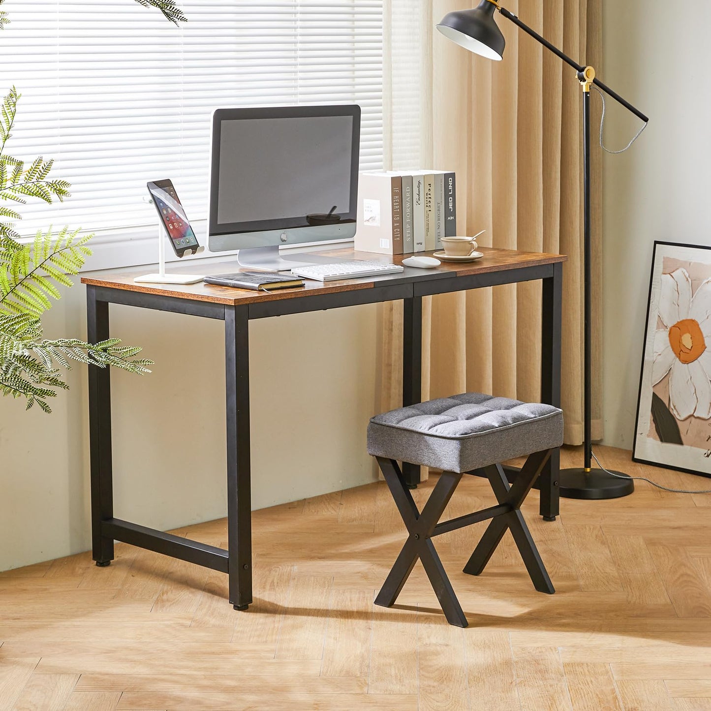 IBUYKE Square Makeup Stool with X-Leg Foot Rest, Linen Footrest, Ottoman Seat, Multi-Use as Small Side Table, for Bedroom, Living Room, Dark Gray LG-70G