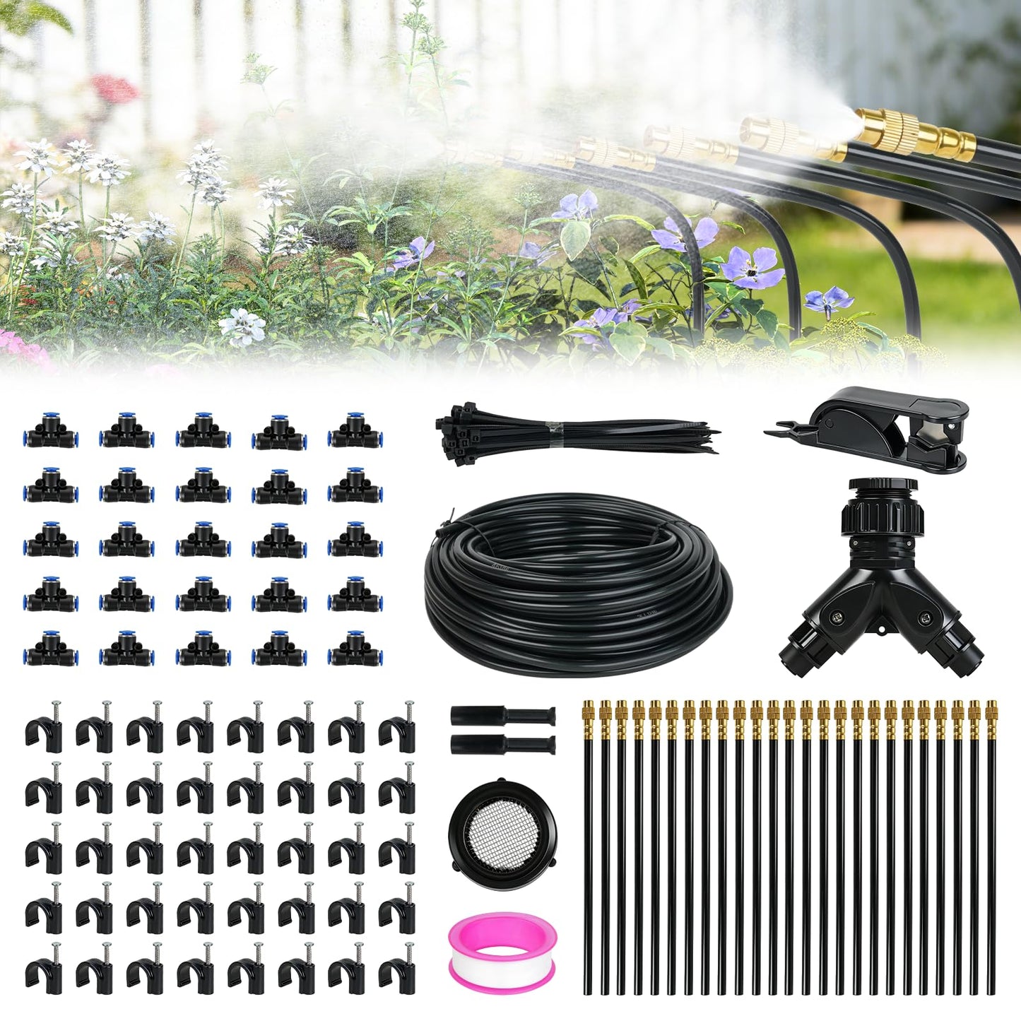 100ft Drip Irrigation System, Automatic Garden Watering System with 25 Adjustable Sprinkler Nozzles, Irrigation Hose Kit for Yard, Lawn, Plants, Atomizing System