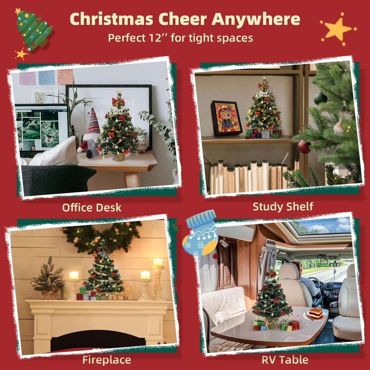 iLAND Mini Christmas Tree Tabletop Small Christmas Tree 12 inch Cute Xmas Table Decoration for Office Desk Shelf Dorm Party Tiny Table Top Décor Miniature 1/6 Scale Elf Accessories Shining Xmas Gift