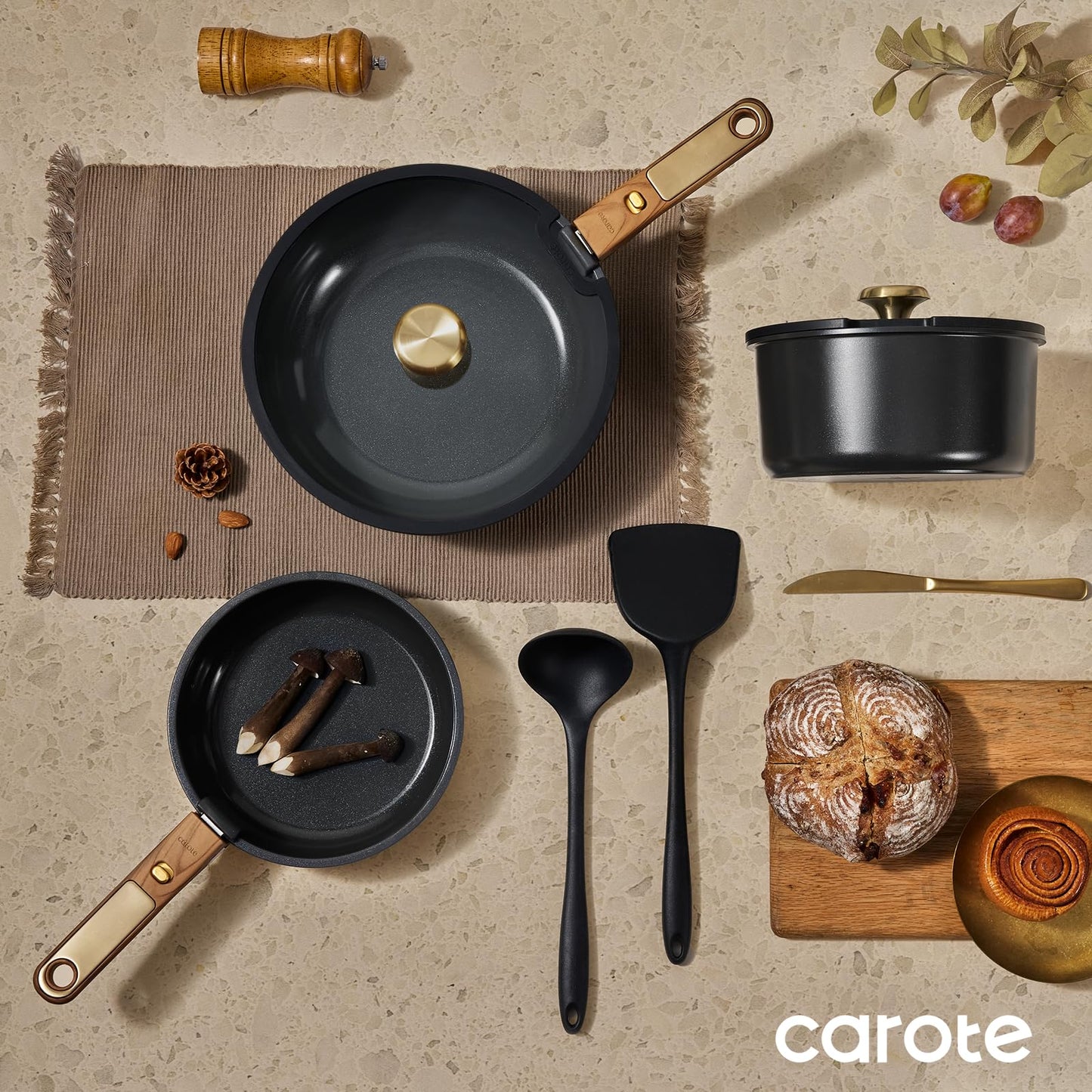 CAROTE 15Pcs Ceramic Cookware Set, Pots and Pans Set Non stick, Kitchen Cooking Set with Detachable Handle, Non Toxic Induction Cookware, Dishwasher/Oven Safe, PFAS Free, Black&Gold