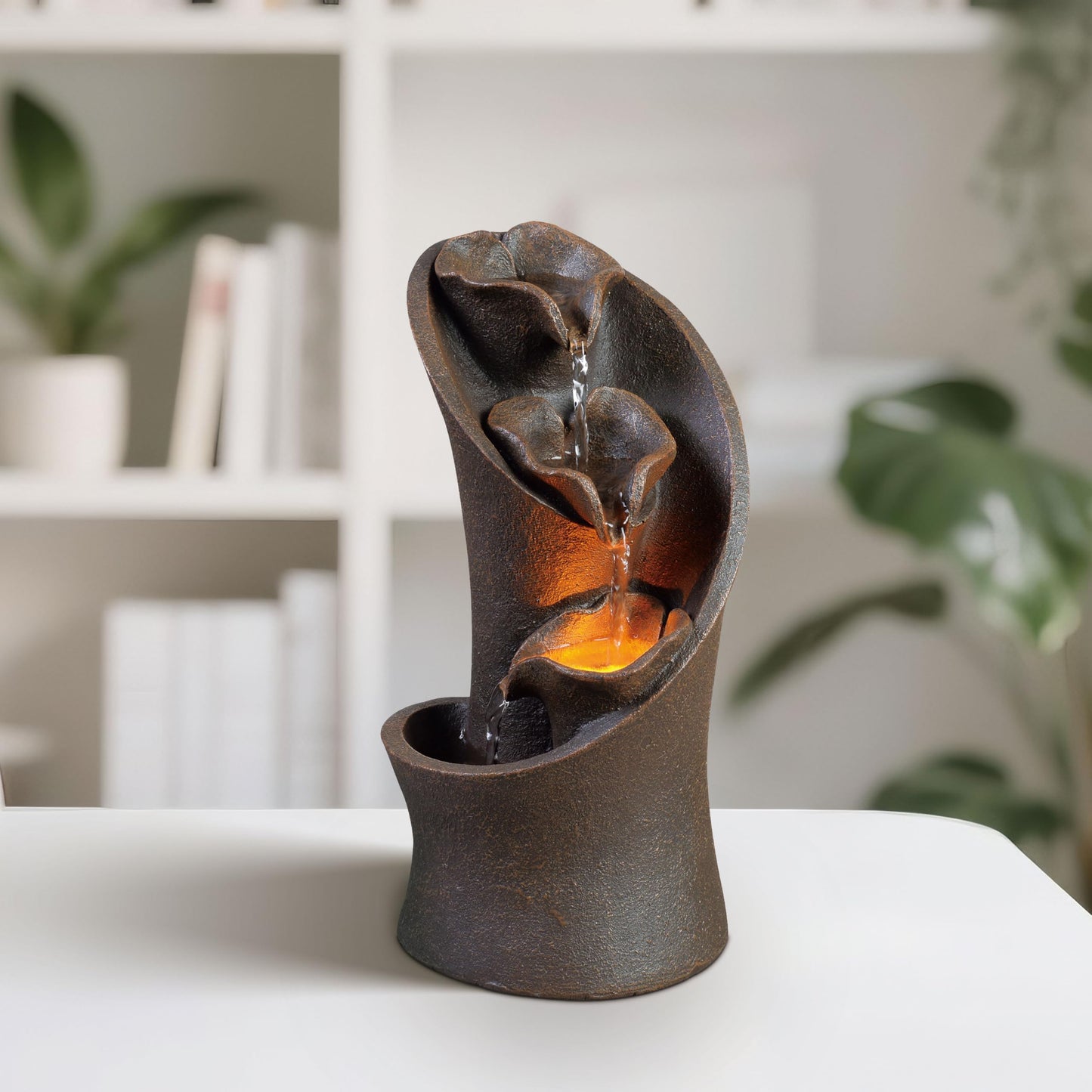 Kalona Tabletop Waterfall Fountain, 3-Tier Indoor Water Fountain for Home Office Decor, Relaxing LED Fountains with Artistic Stone-Look Design for Meditation (23005)
