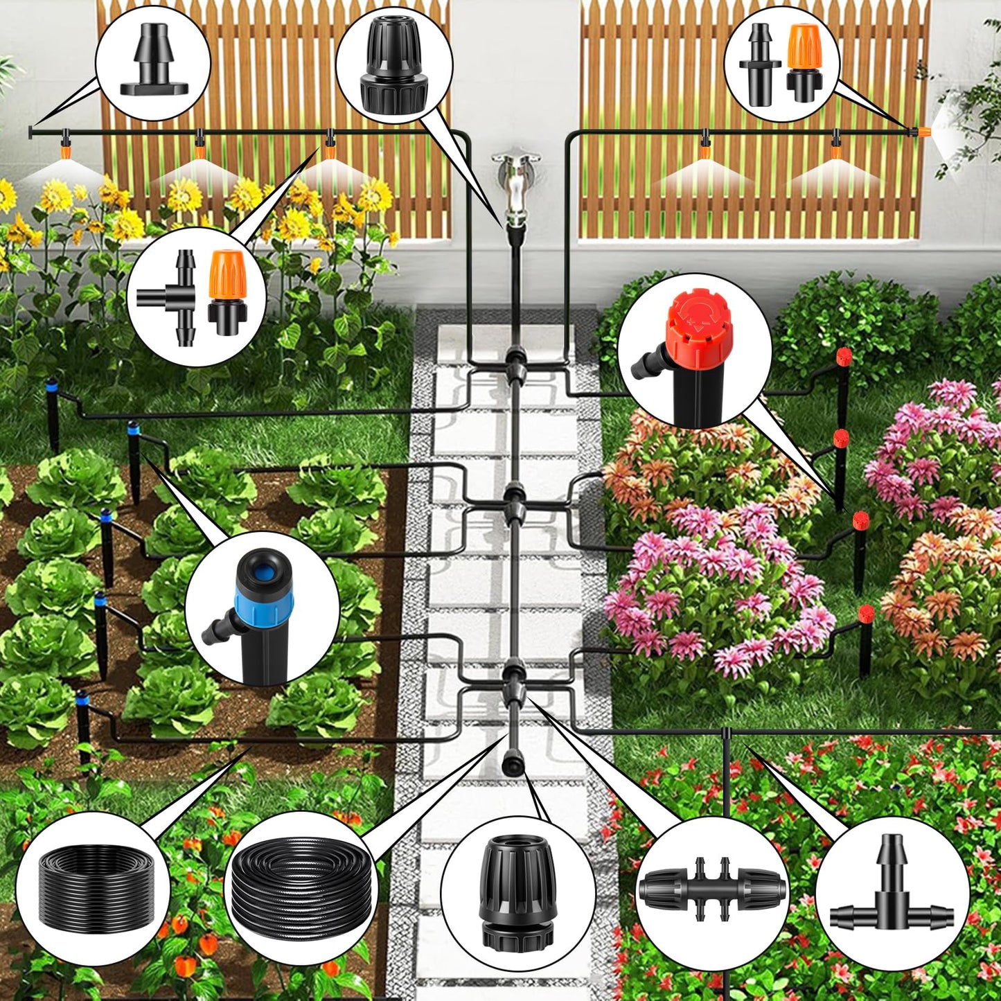 250FT Drip Irrigation System Kit, Automatic Drip Irrigation Kit with 1/2 inch Hose 1/4 inch Distribution Tubing and Accessories for Greenhouse, Yard, Lawn