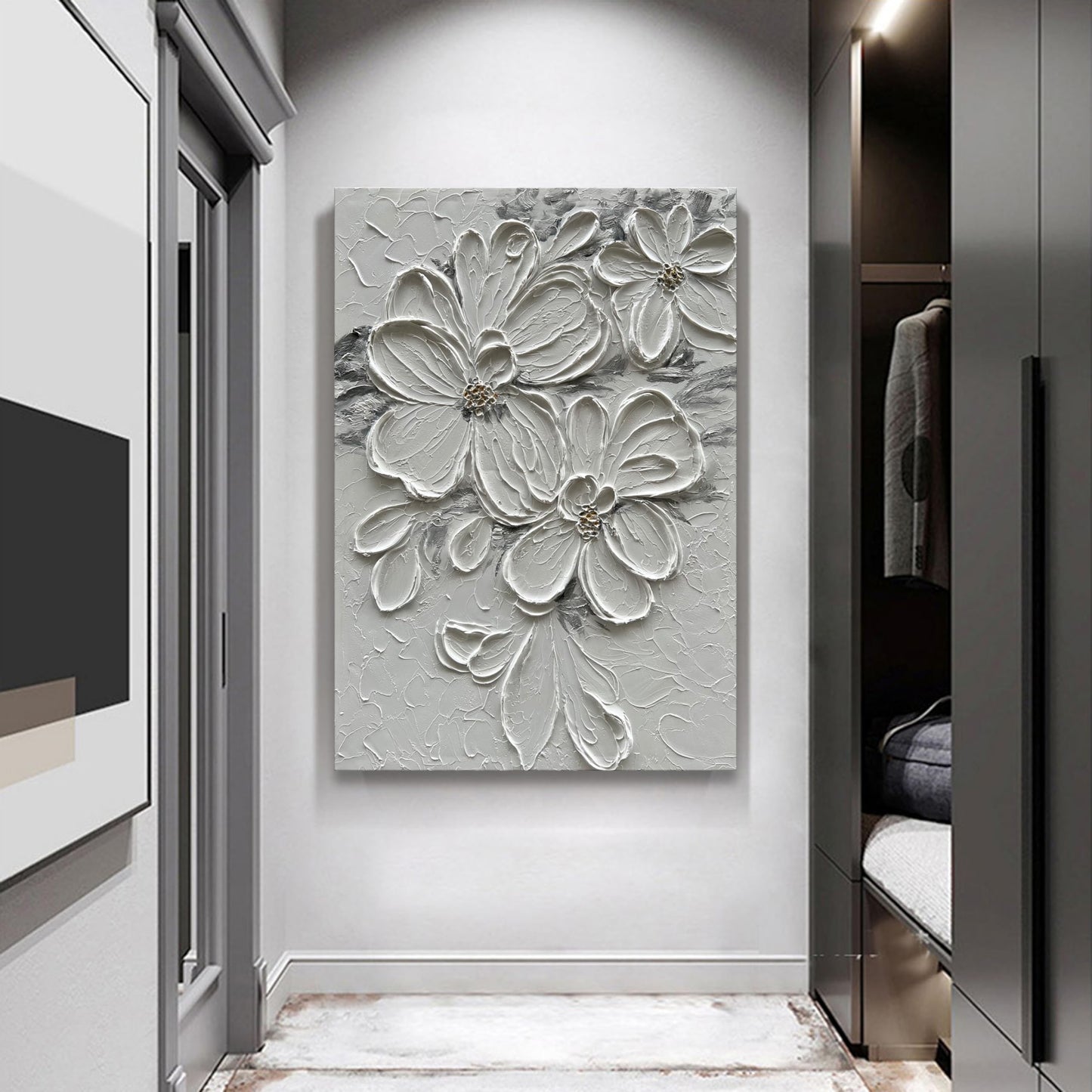 Diathou Hand-Painted White Flower Texture Art - 40x28 inches Modern Abstract Home Wall Decorative Art