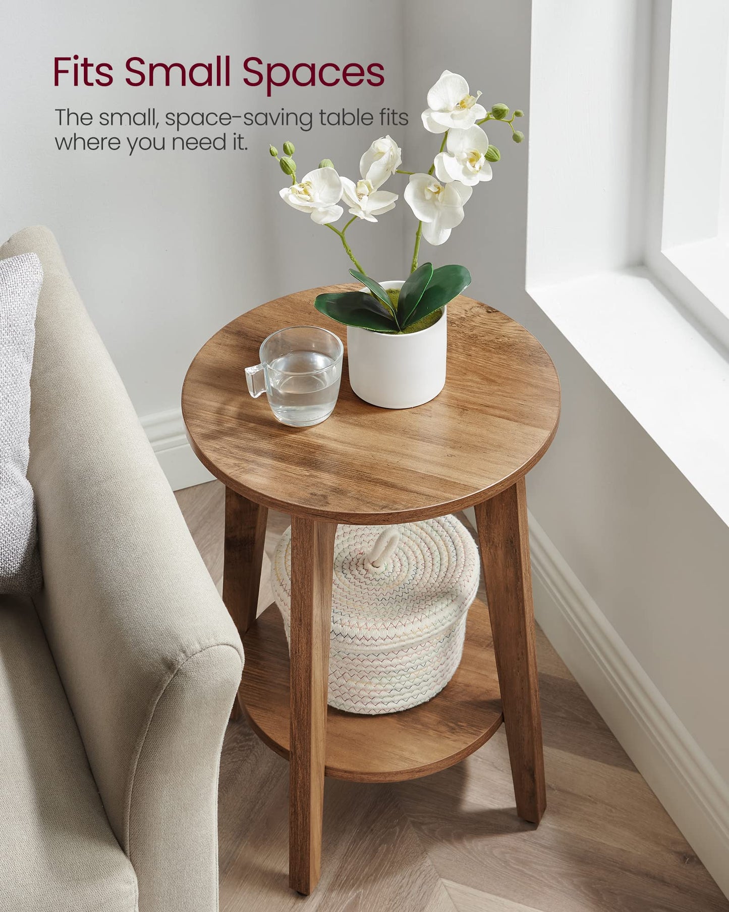 VASAGLE MAEZO Collection - Side Table, 2-Tier Small Round End Table, Nightstand with Tapered Legs, Curved Transitions, for Small Spaces, Living Room, Bedroom, Honey Brown ULET283T41