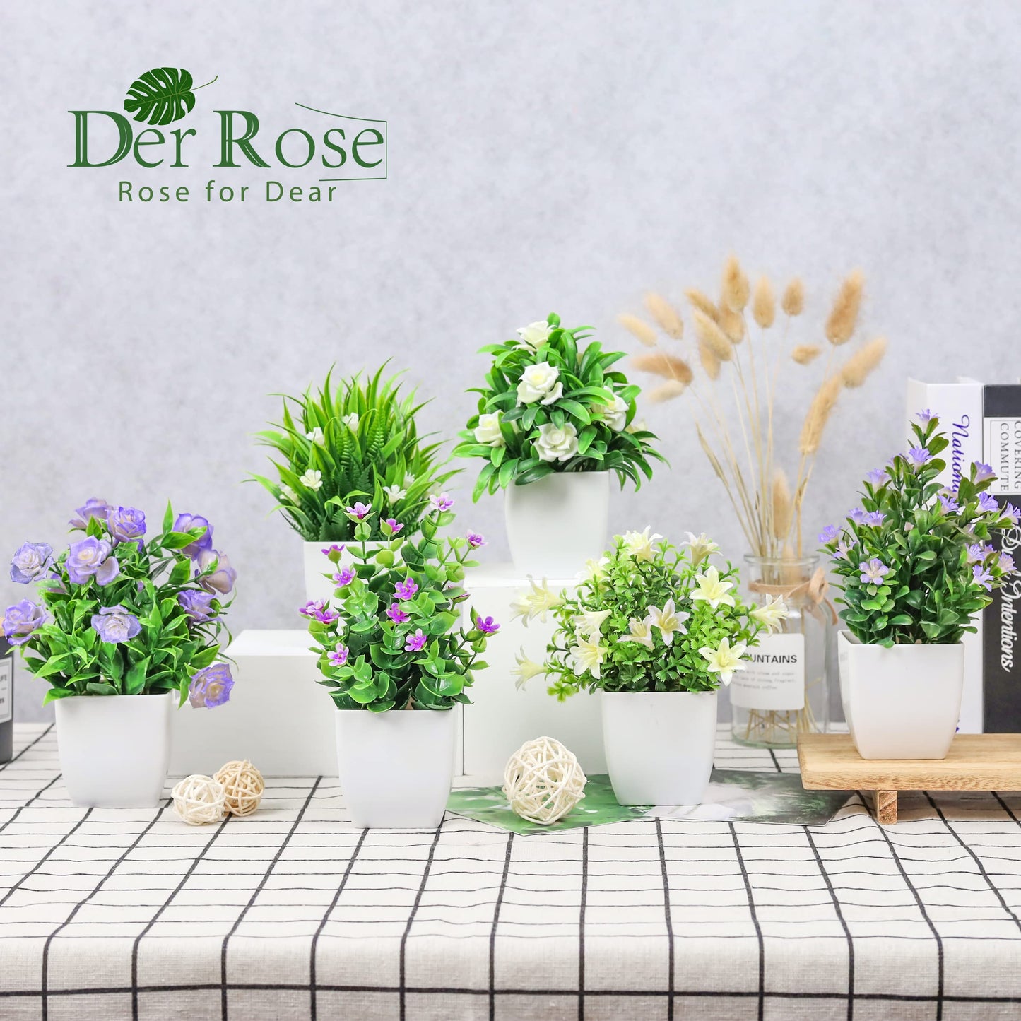 Der Rose 6 Pack Small Fake Plants Mini Artificial Faux Plants with Flowers for Home Room Farmhouse Bathroom Decor Indoor