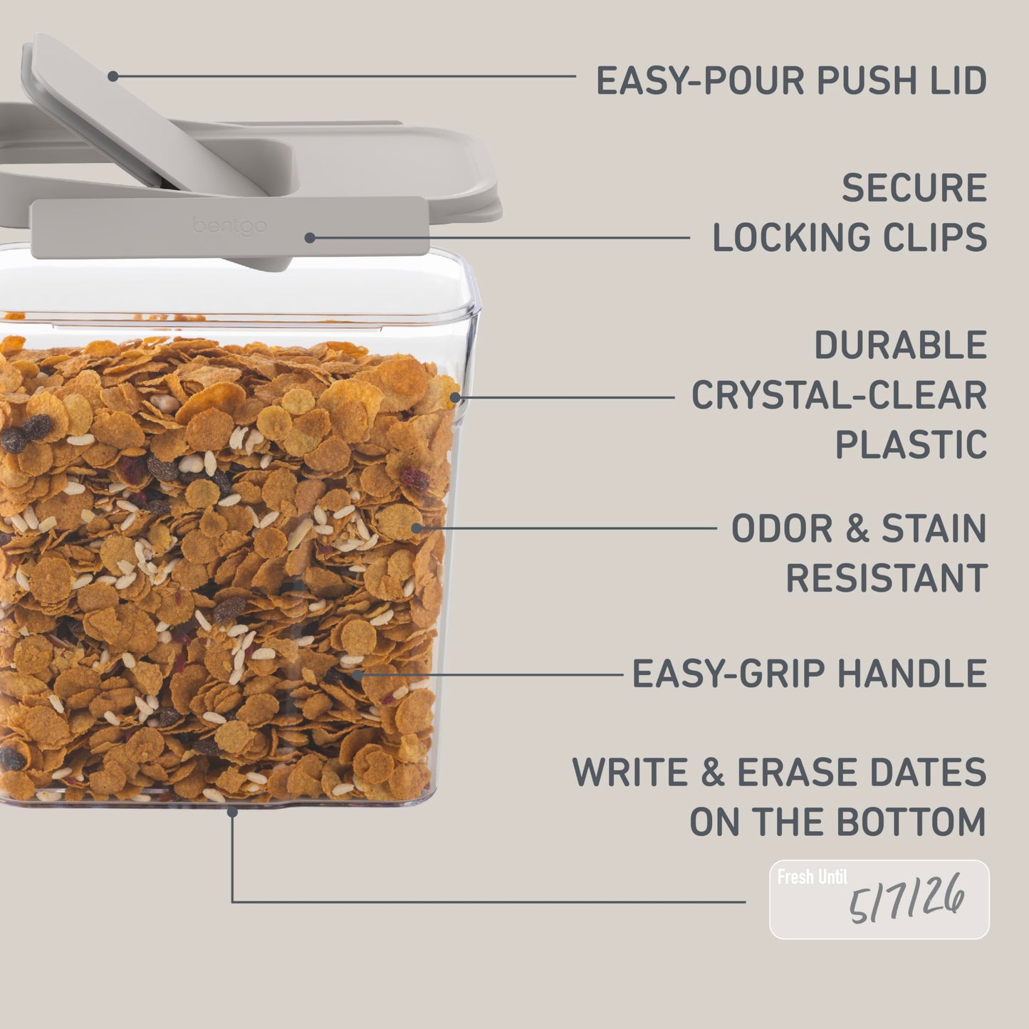 Bentgo Pantry - 6-Piece Airtight Cereal Containers, Easy Push & Pour Lid, Stackable & Clear BPA-Free Storage, Locking Lids for Freshness – Ideal for Kitchen & Pantry Organization (White Stone)