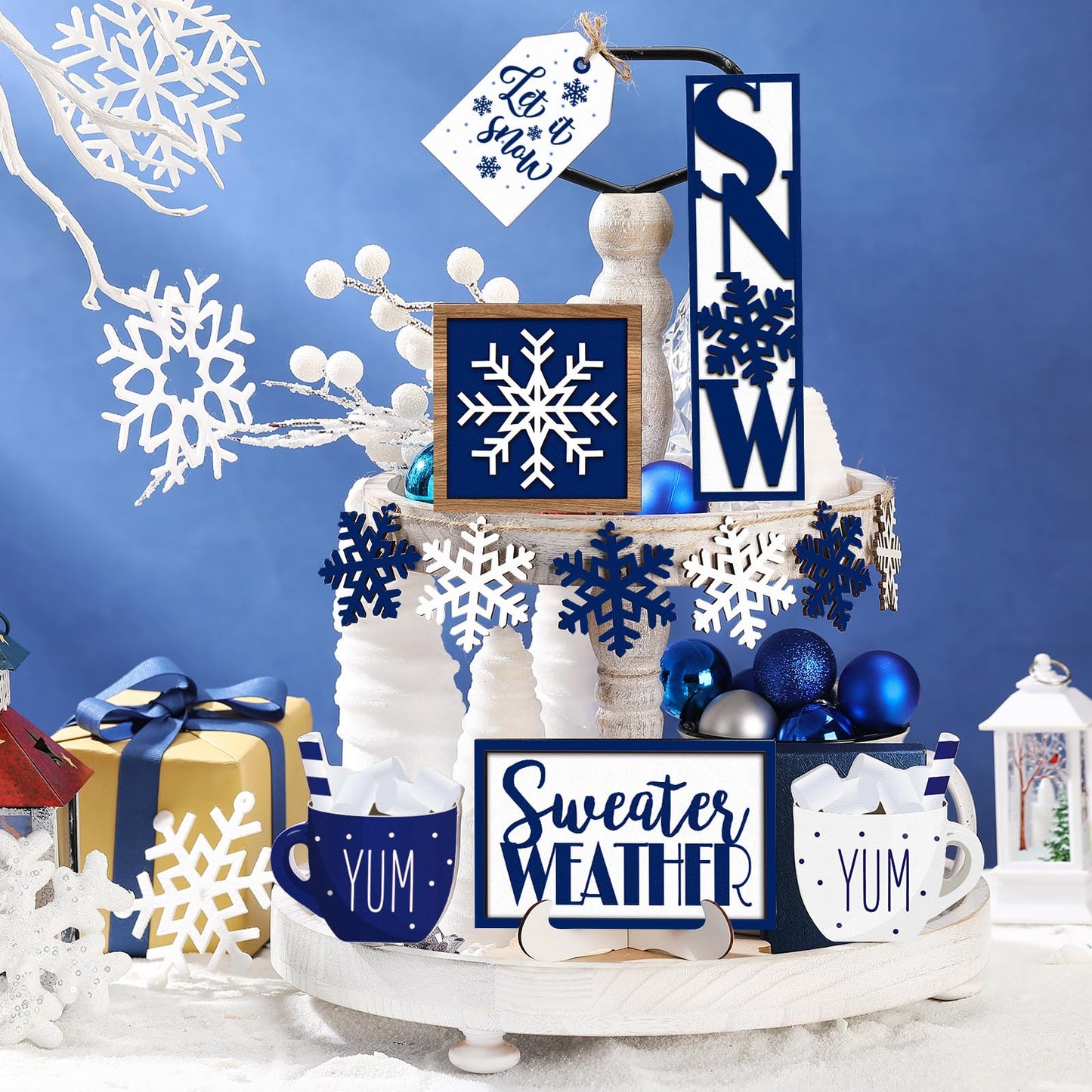 Jetec 12 Pieces Winter Tiered Tray Decor Set Snowflake Wooden Sign Let It Snow Table Decorations Farmhouse Coffee Bar Signs Tray Decor for Home Kitchen Tabletop(Blue)