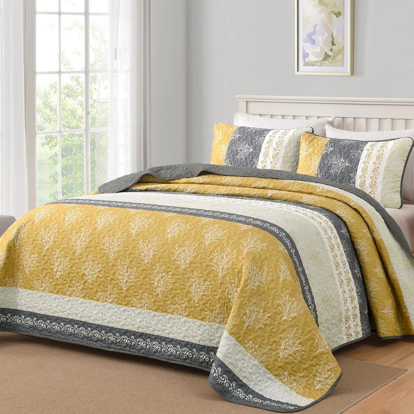 DJY Yellow Boho Quilt Set Queen Size, Striped Floral Yellow and Grey Bedspread Coverlet, 3 Pieces Patchwork Stripe Quilt Bedding Set Soft Microfiber Reversible Bedspread for All Season (96"x90")