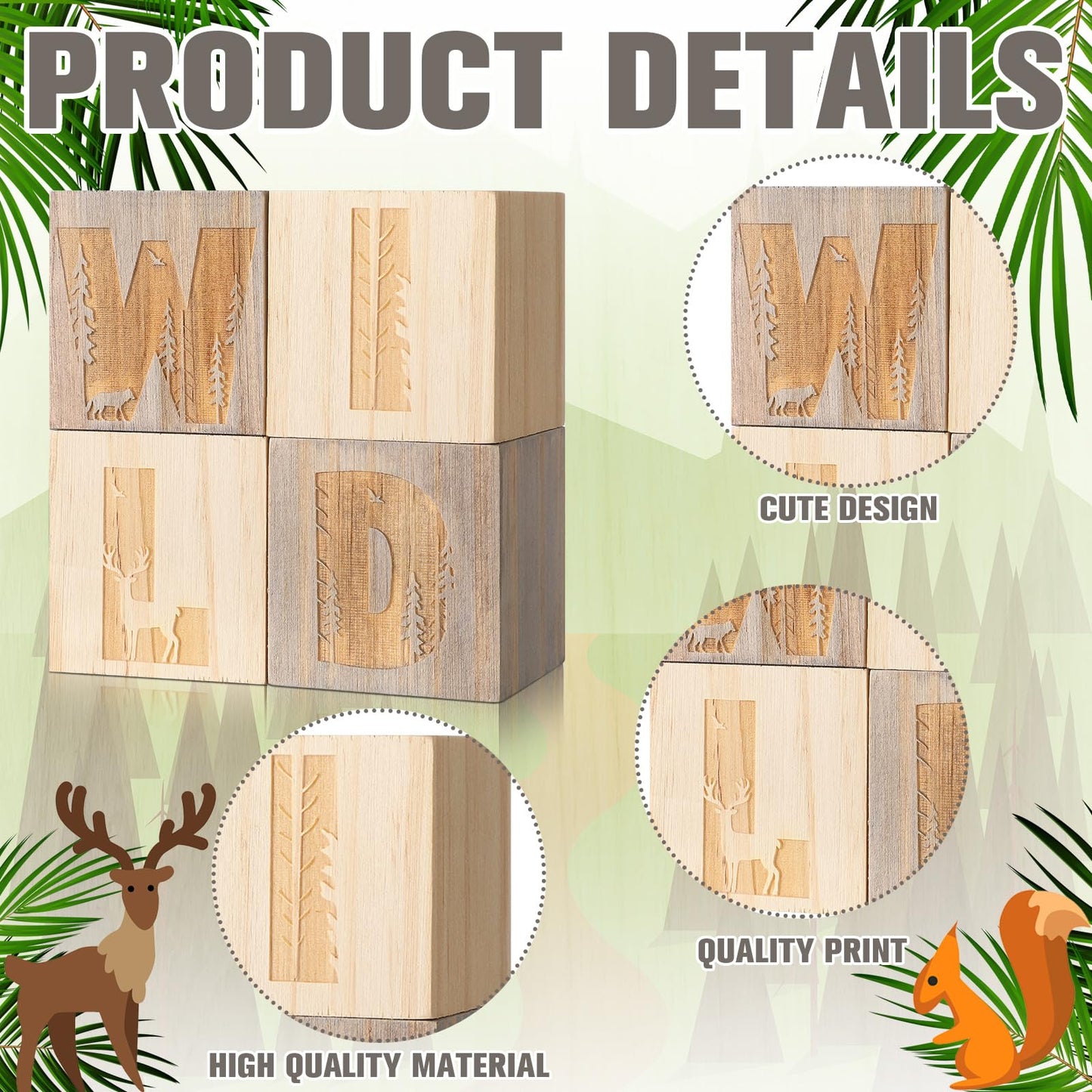 RattanView 4 Pcs 2.4 Inch Woodland Wild Nursery Wood Decor Nursery Wood Shelf Blocks for Bedroom Playroom Gifts Wild Sign Woodland Table Blocks Decor for Boys Girls
