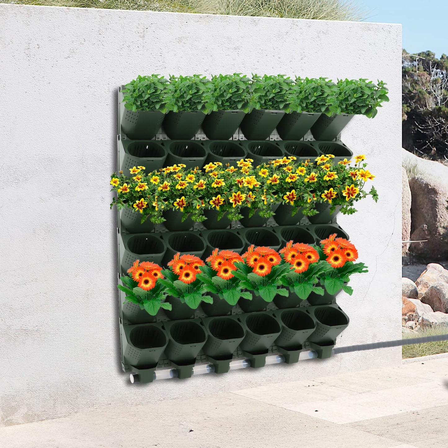 ZHFEISY Vertical Wall Planter for Outdoor, 36 Pocket Self-Watering Hanging Garden Planter with Timmer and Drainage Pipe, Wall Mounted Planters for Patio Outdoor, Home