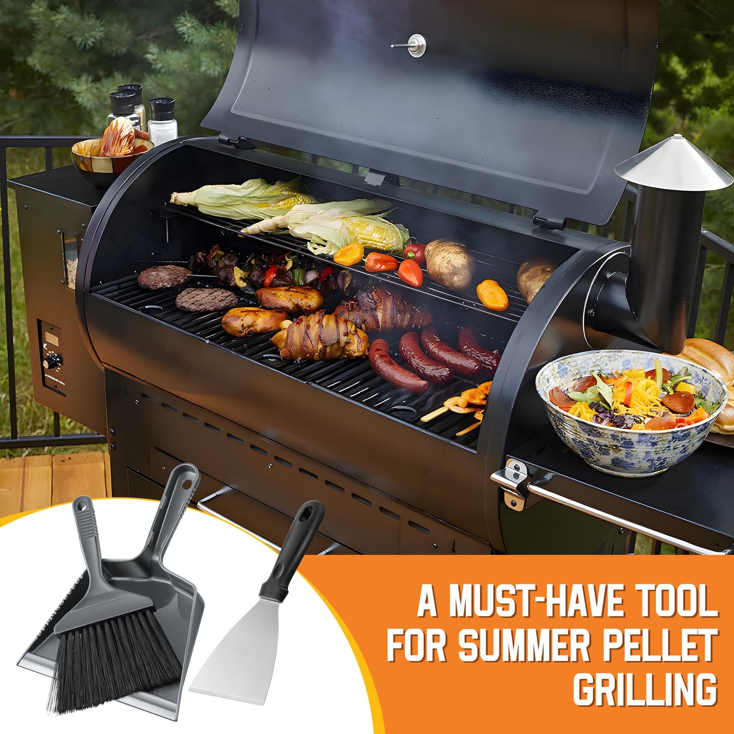 Gulfmew 3 Piece Pellet Grill Ash Cleaning Kit, Includes Large Dust Pan, Soft Bristle Brush and Metal Scraper for Easy Removal of Ash, Debris and Grime