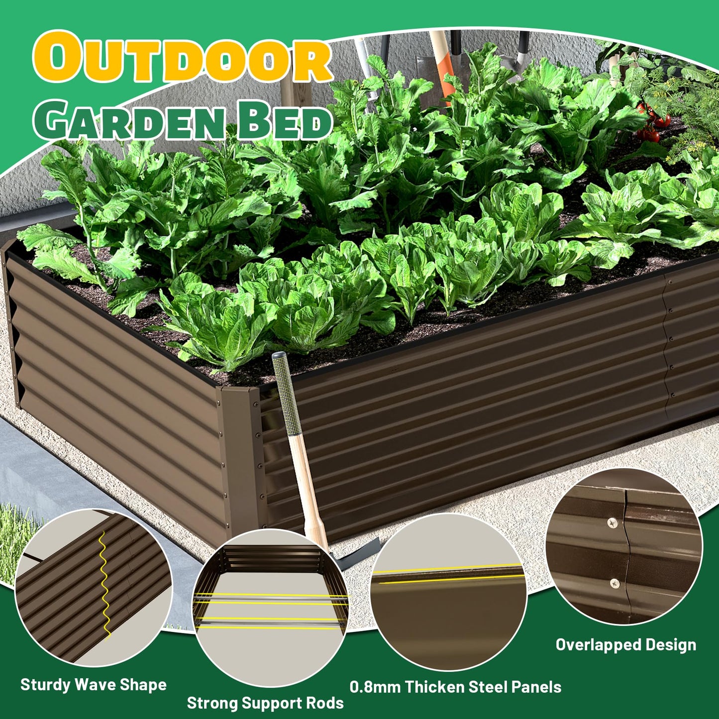 Domi 8×4×1.5 ft Galvanized Raised Garden Bed, Outdoor Planter Garden Boxes Large Metal Planter Box for Gardening Vegetables Fruits Flowers, Brown