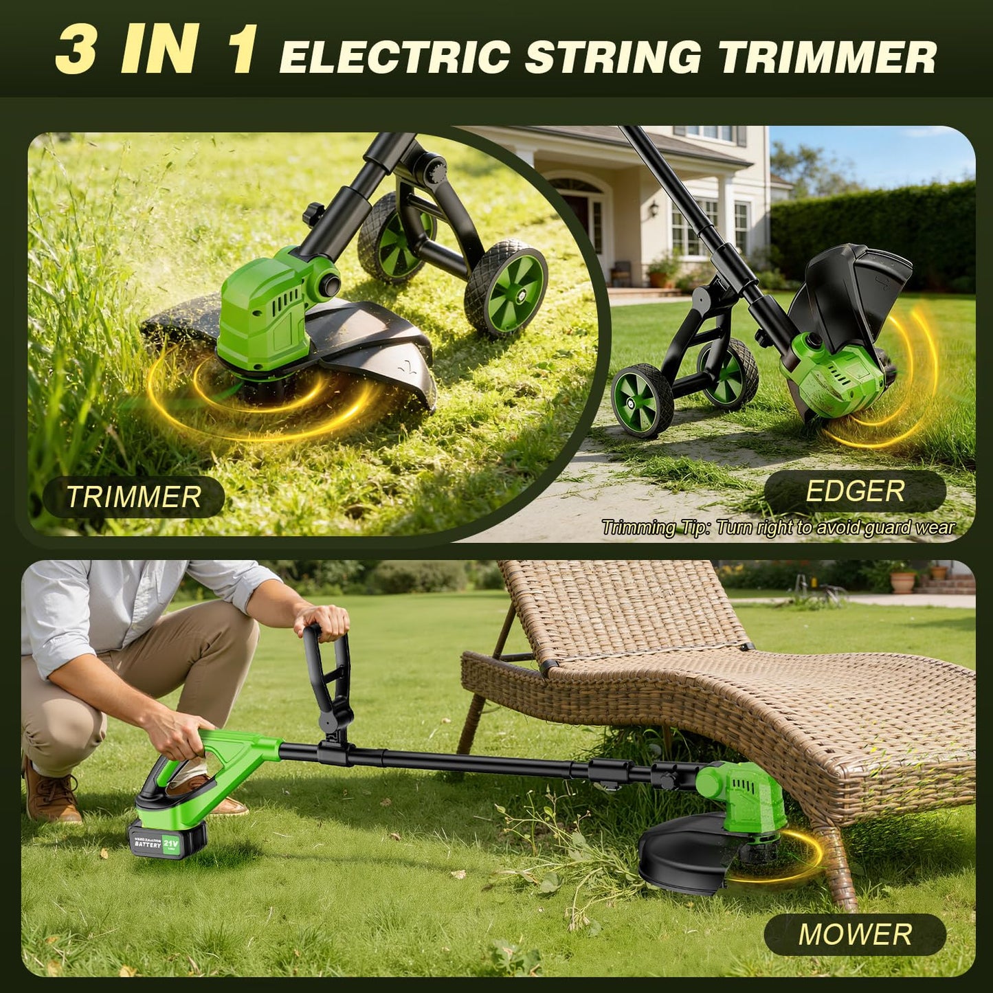 Amiluo 3 in 1 Cordless String Trimmer & Edger, 21V Battery Powered Weed Wacker with Wheels, 2 x 3.0Ah Batteries & 8 Spools, 14" Electric Weed Trimmer, Grass Trimmer for Garden, Lawn and Yard Care