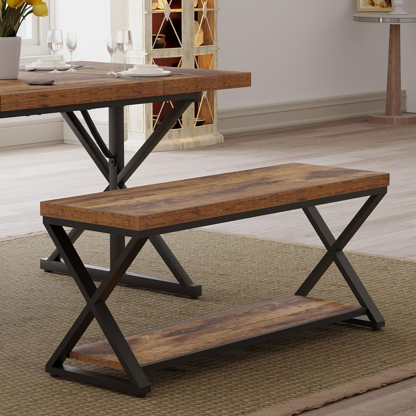 IBF Wooden Bench Indoor, Wood Entry Way Bench with Shoe Storage Rack for Entryway, Industrial Entryway Bench Seat for Foyer Bedroom Living Room Entrance Organization, Rustic Brown Oak, 39 Inch Long