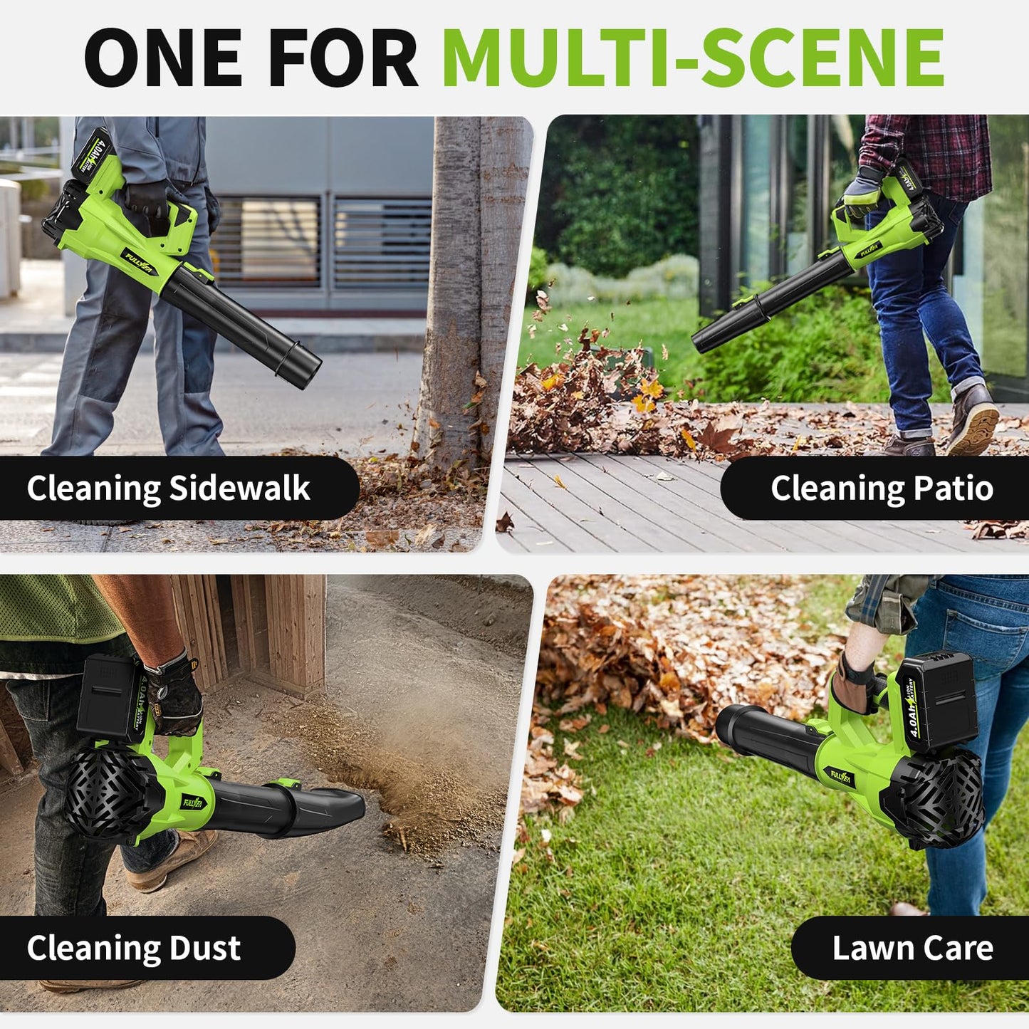 FULLYEA Leaf Blower Cordless 500CFM/150MPH, Cordless Leaf Blower with 2 x 4.0Ah Batteries & 3 Tubes, 6 Speed Modes, Electric Leaf Blowers Battery Powered for Cleaning Patio, Yard, Garage, Lawn (Green)