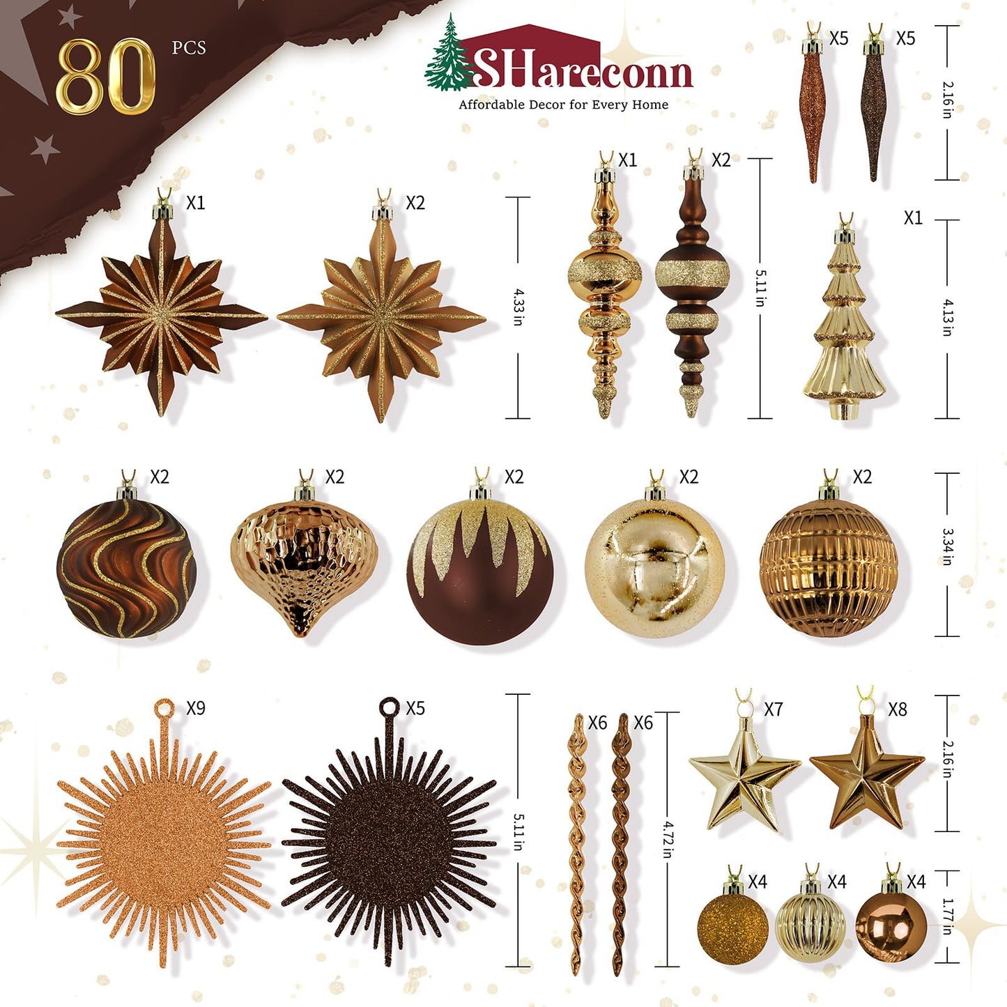 SHareconn 80pcs Christmas Balls Ornaments Set, Contemporary Luxury Gift Set, Shatterproof Plastic Bronze Decor for Xmas Tree Holiday Wedding Party Decorations with Hanging Strings, Brown Copper Gold