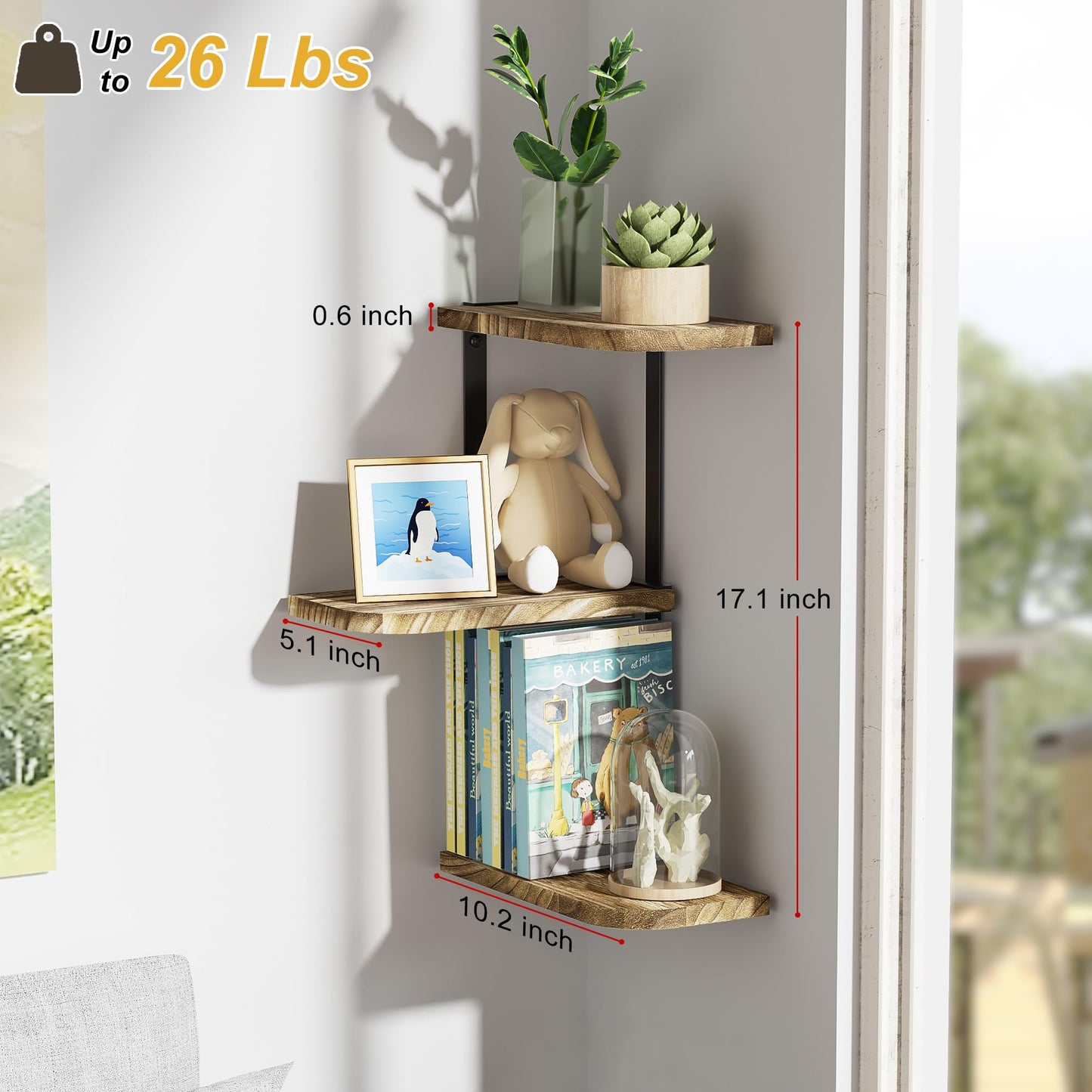 Love-KANKEI Corner Shelf Wall Mount of 3 Tier Rustic Wood Floating Shelves for Bedroom Living Room Bathroom Kitchen Office and More Carbonized Black