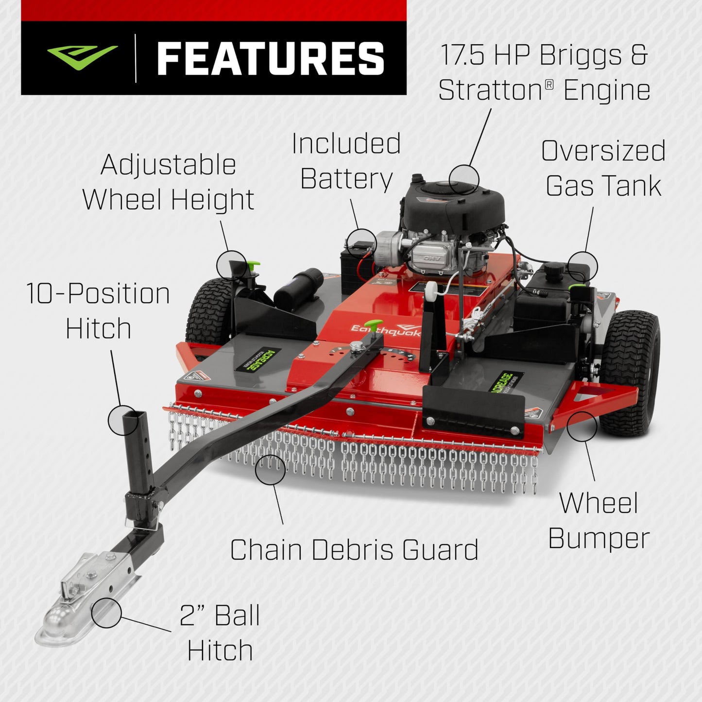 Earthquake Acreage Tow-Behind Mower, 44” Steel Deck, 17.5HP Briggs & Stratton, Electric Start w/Battery, Manual Blade Lever, Adjustable Tow & Height, 2” Ball, Model 42795