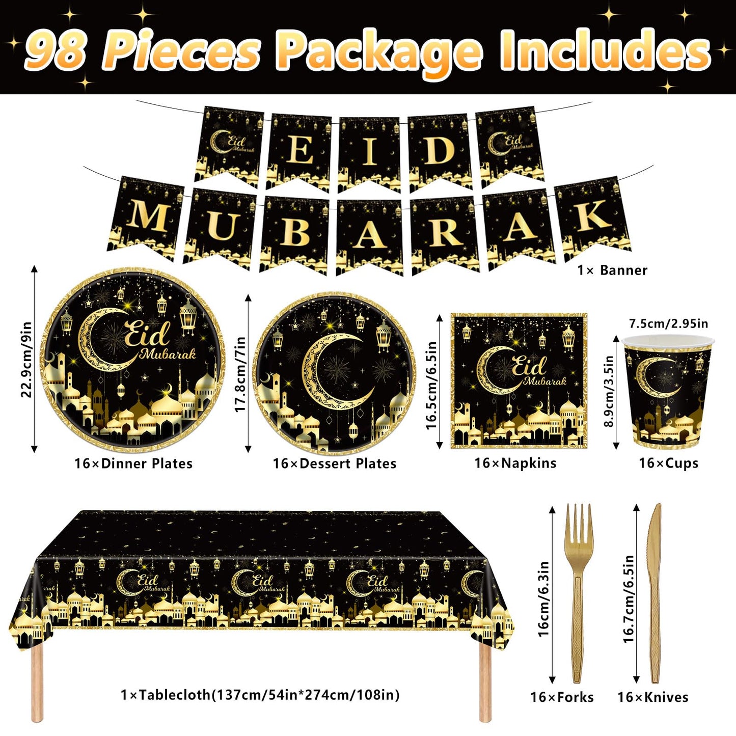 98PCS Eid Mubarak Party Supplies Black and Gold Ramadan Tableware Set Ramadan Mubarak Paper Plates and Napkins Eid Mubarak Party Decorations Eid Al-fitr Party Disposable Dinnerware Set for 16 Guests