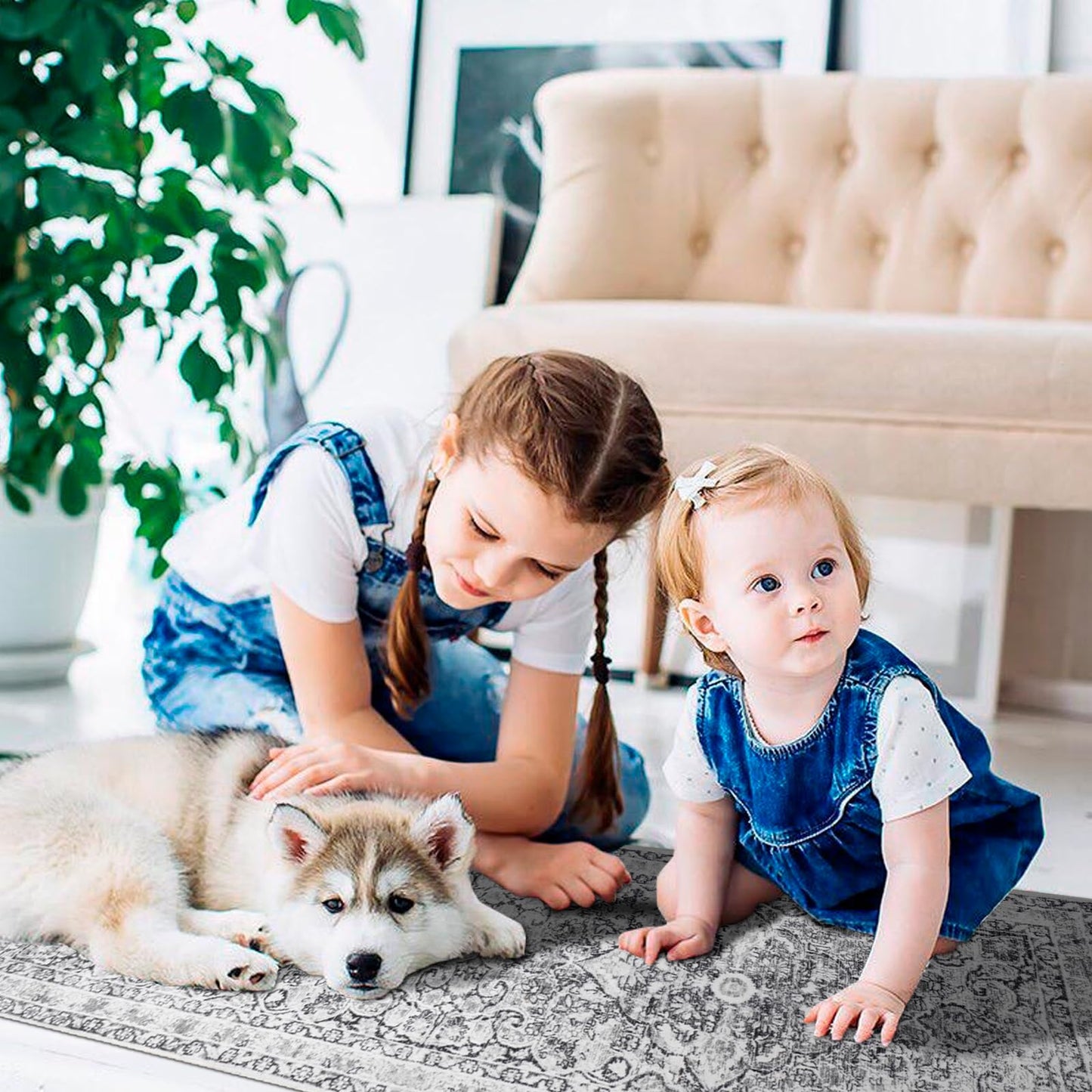 2x6 Hallway Washable Runner Rug : Vintage Soft Kitchen Bathroom Laundry Runner Non Slip Backing Farmhouse Entryway Floor Mat Stain Resistant Carpet for Bedroom Living Room Distressd Beside Rug(Gray)