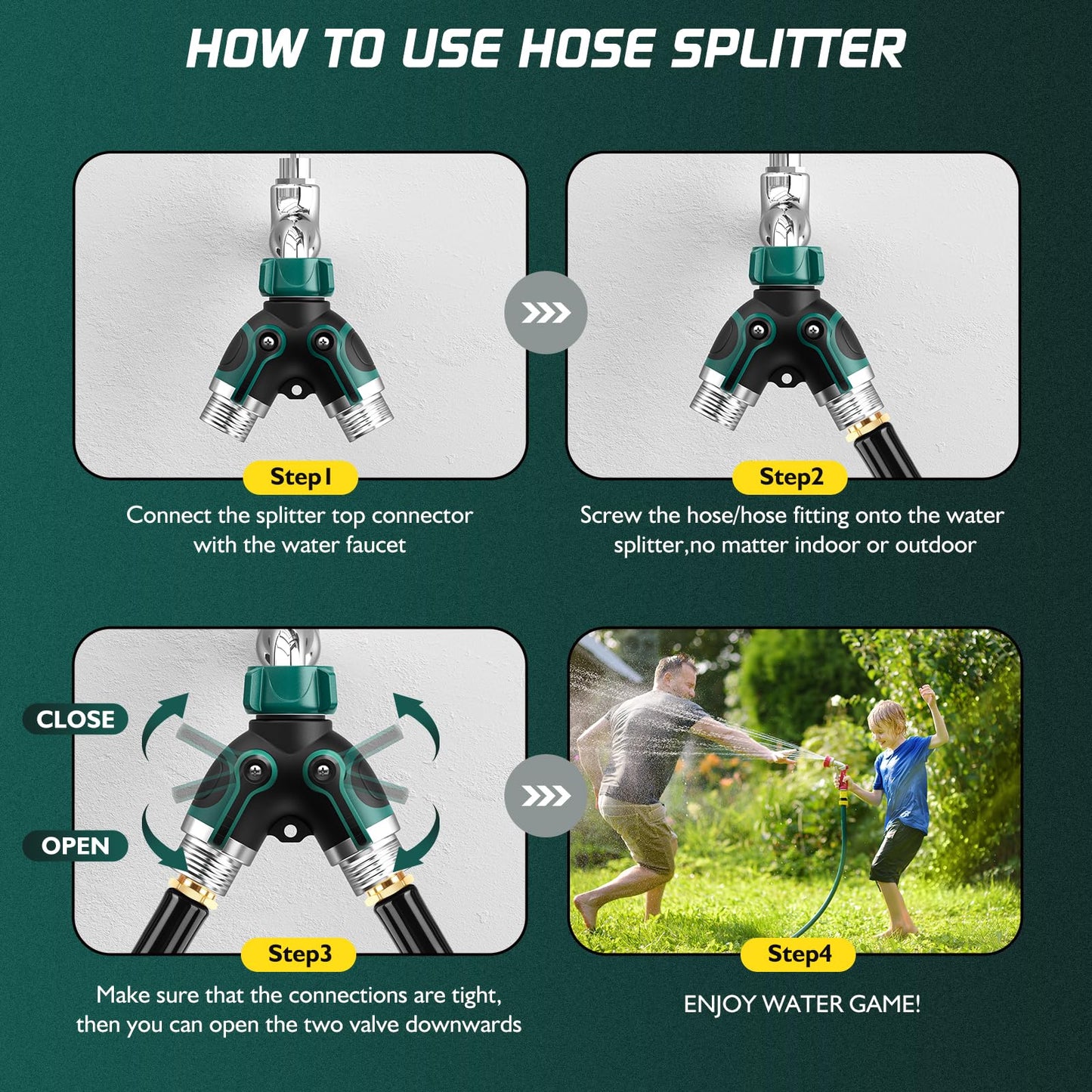 2 Way Garden Hose Splitter with Shut Off Valve,Water Spigot Splitter for 3/4" Hose Connector,Heavy Duty Metal Outdoor Faucet Splitter Y Connector for Garden Hose,with 3 Leakproof Washers & 1 tape