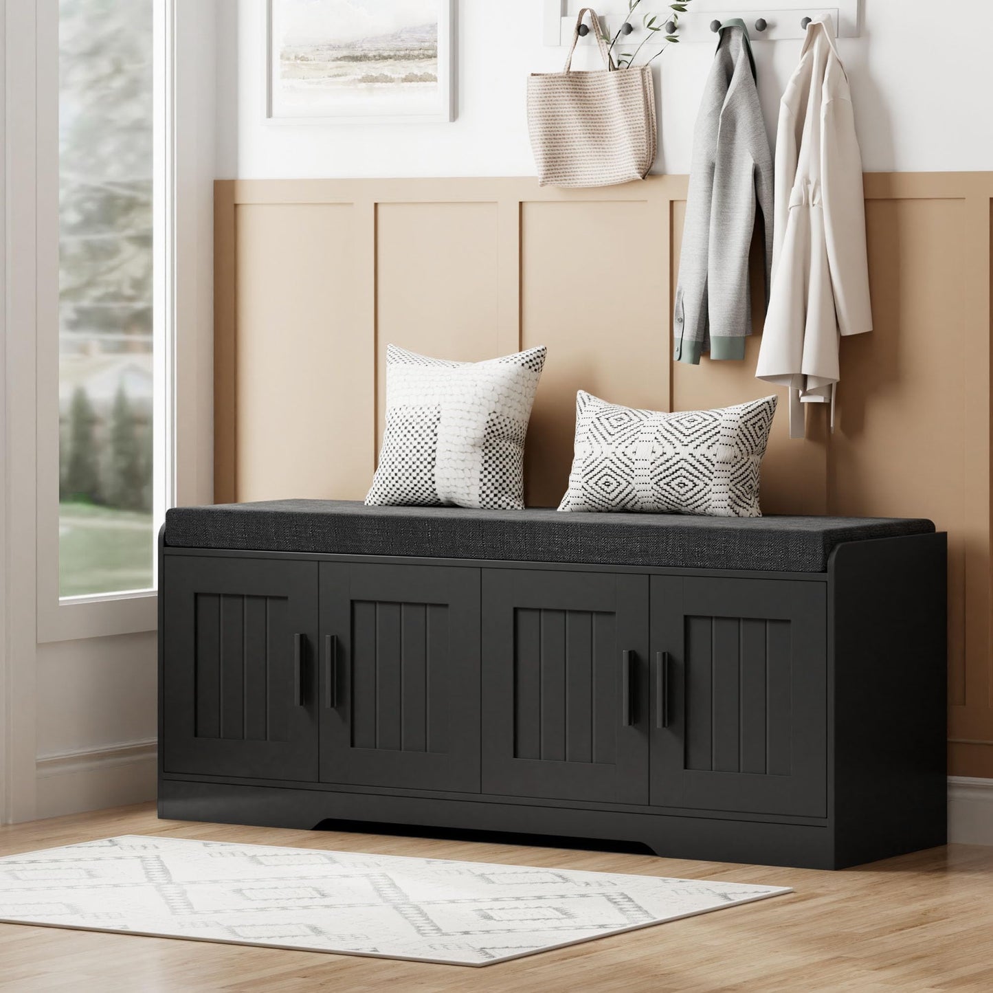 Homleke 2-Tier Storage Bench, Shoe Bench with Thickened Padded Seat Cushion, Entryway Bench with 4 Doors, Adjustable Shelf, 13.8" D x 45.3" W x 18.5" H, for Entryway, Living Room, Bedroom, Black
