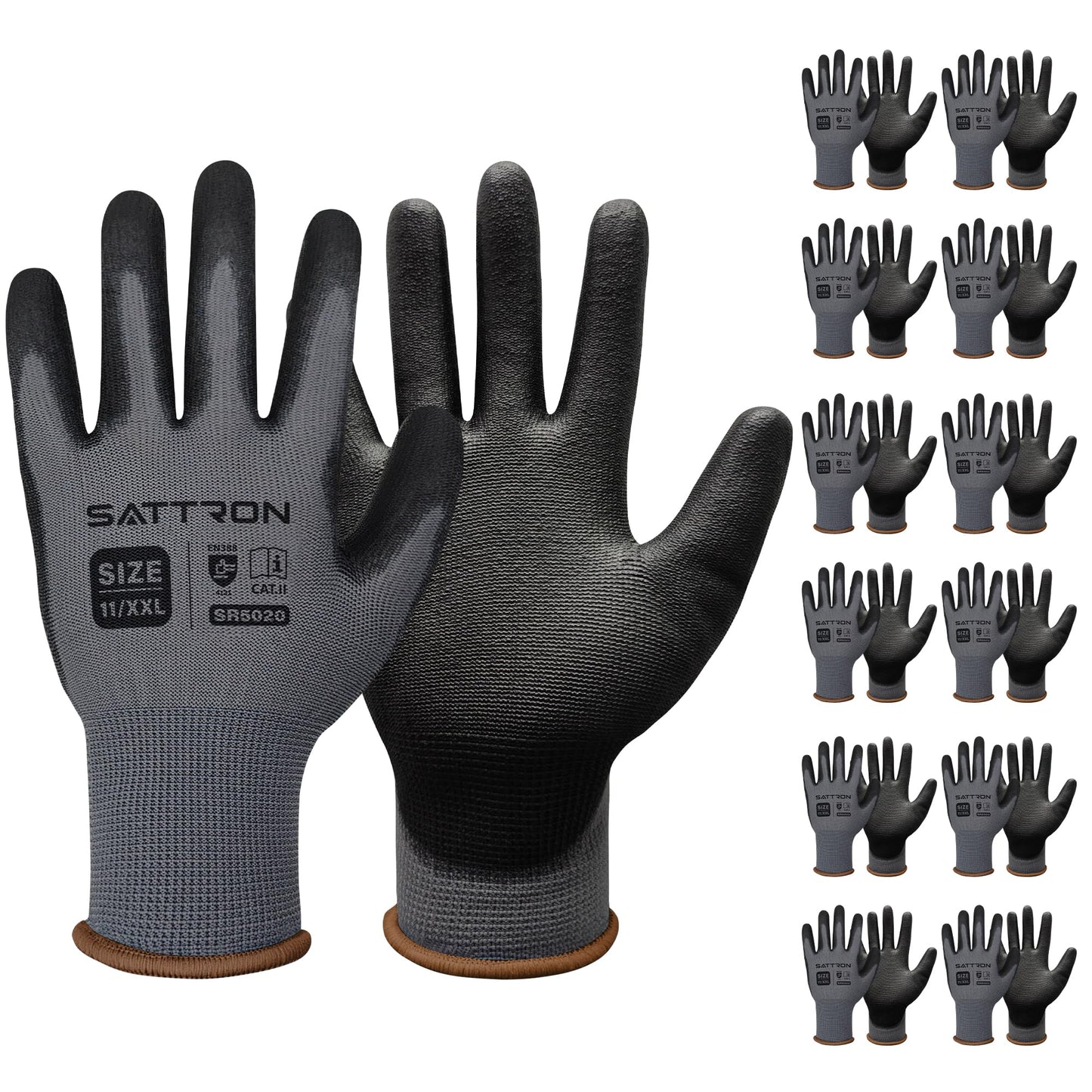 Safety Work Gloves PU Coated, 12 Pairs Seamless Knit Gloves with Polyurethane Coating Working Gloves Excellent Grip for Men & Women, Breathable, Ideal for General Duty Work DIY ((Grey, 2X-Large)