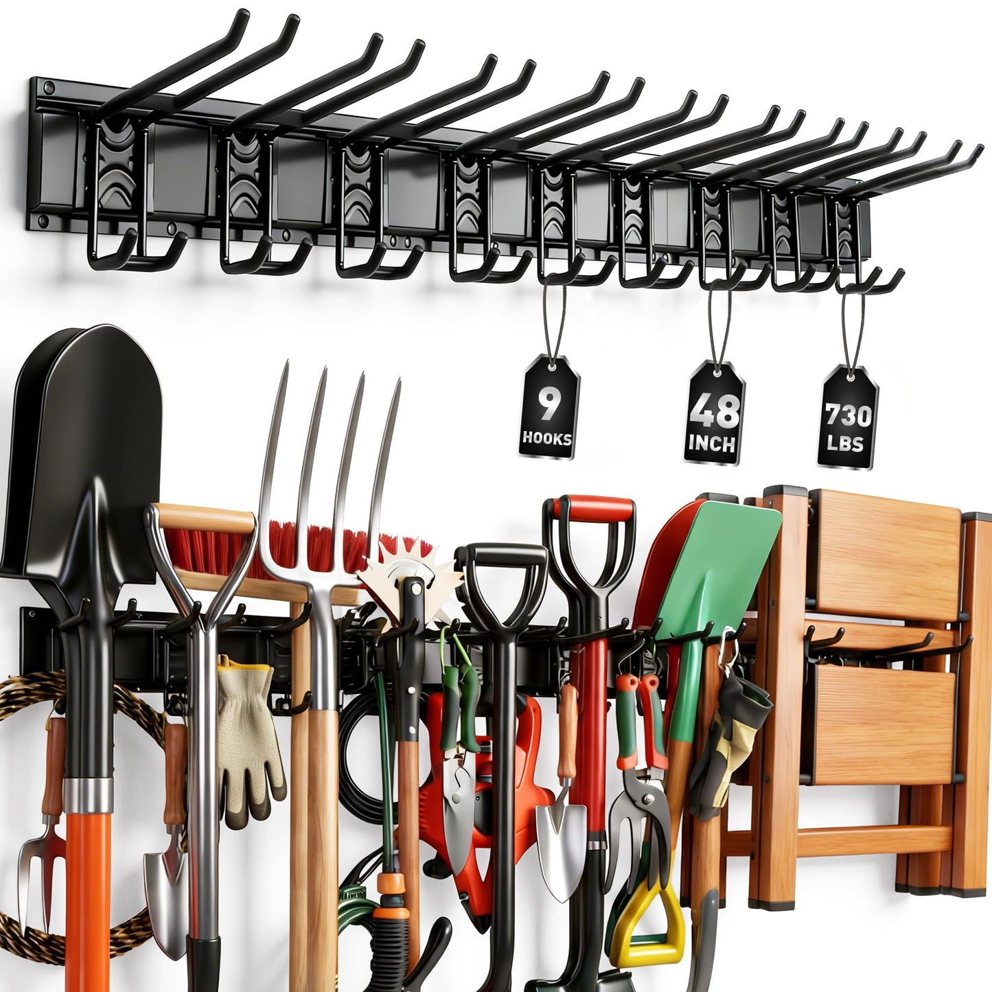 ELEAD 9-Pairs Heavy Duty Garage Tool Organizer Wall Mount Hooks, 48 Inches 730 lbs Garden Tool Organizer with Adjustable Hooks, Yard Tools Organizers for Garden, Yard, and Shed