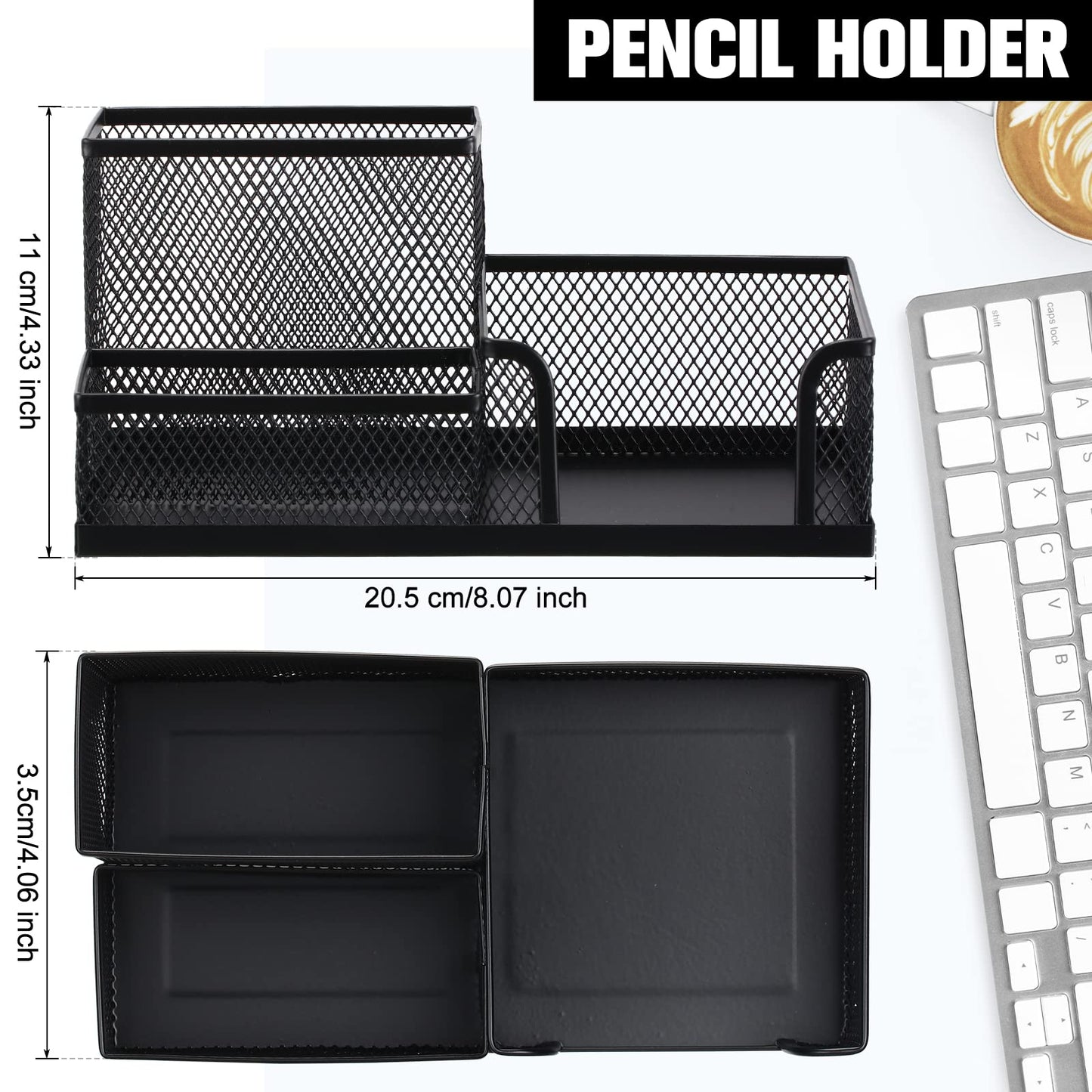 Ferraycle 4 Pcs Mesh Desk Organizer 3 Compartments Mesh Pen Holder Sticky Notes Pencil Holder Metal Caddy Desk Pen Organizer for Desktop Accessories Storage Baskets Home Office School(Black)