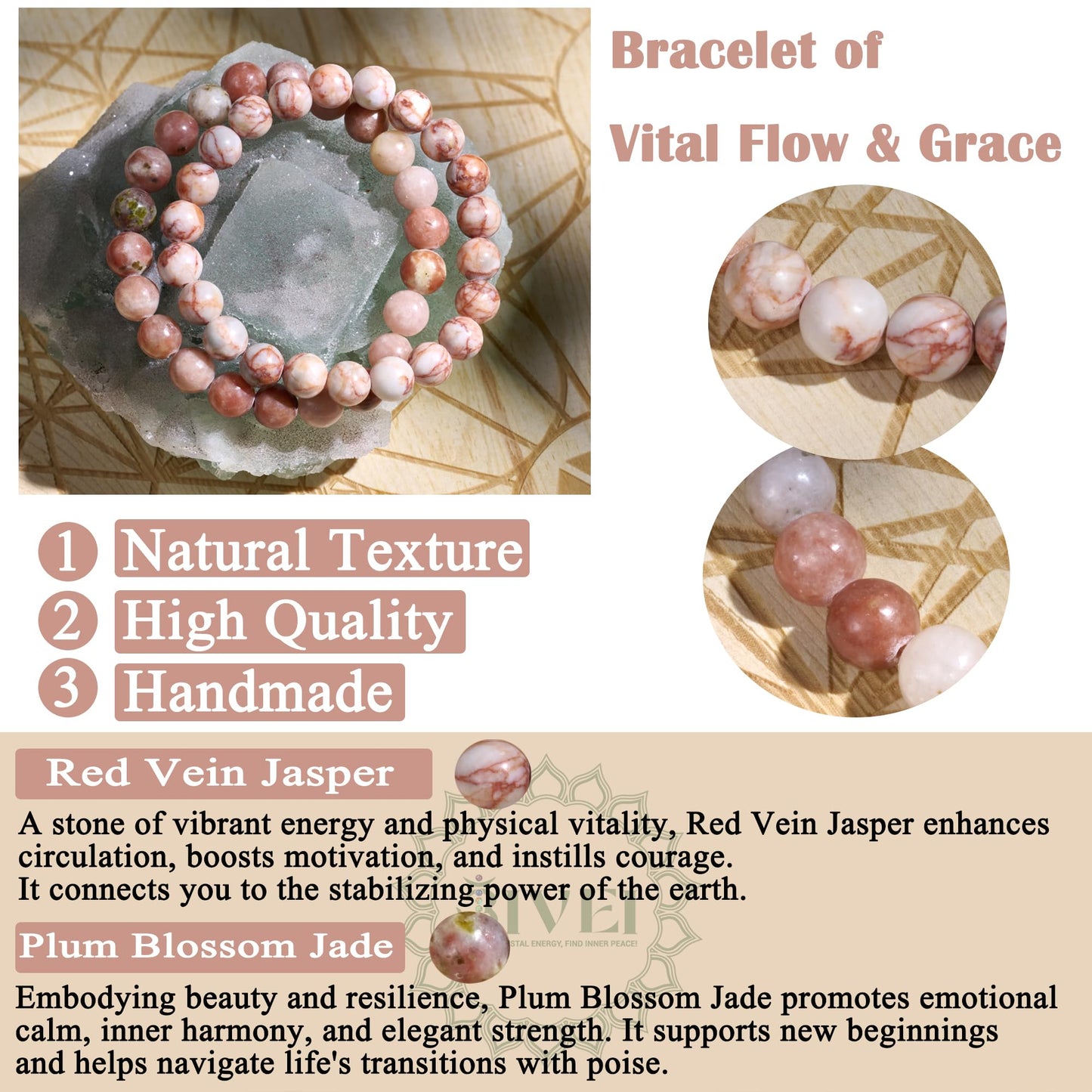 Bivei Natural Gemstone Semi Precious Healing Crystals Handmade Stretchy Round Beads Bracelet,Stocking Stuffers for Women(Red Vein Jasper & Plum Blossom Jade (Good Luck & Opportunities) Large)