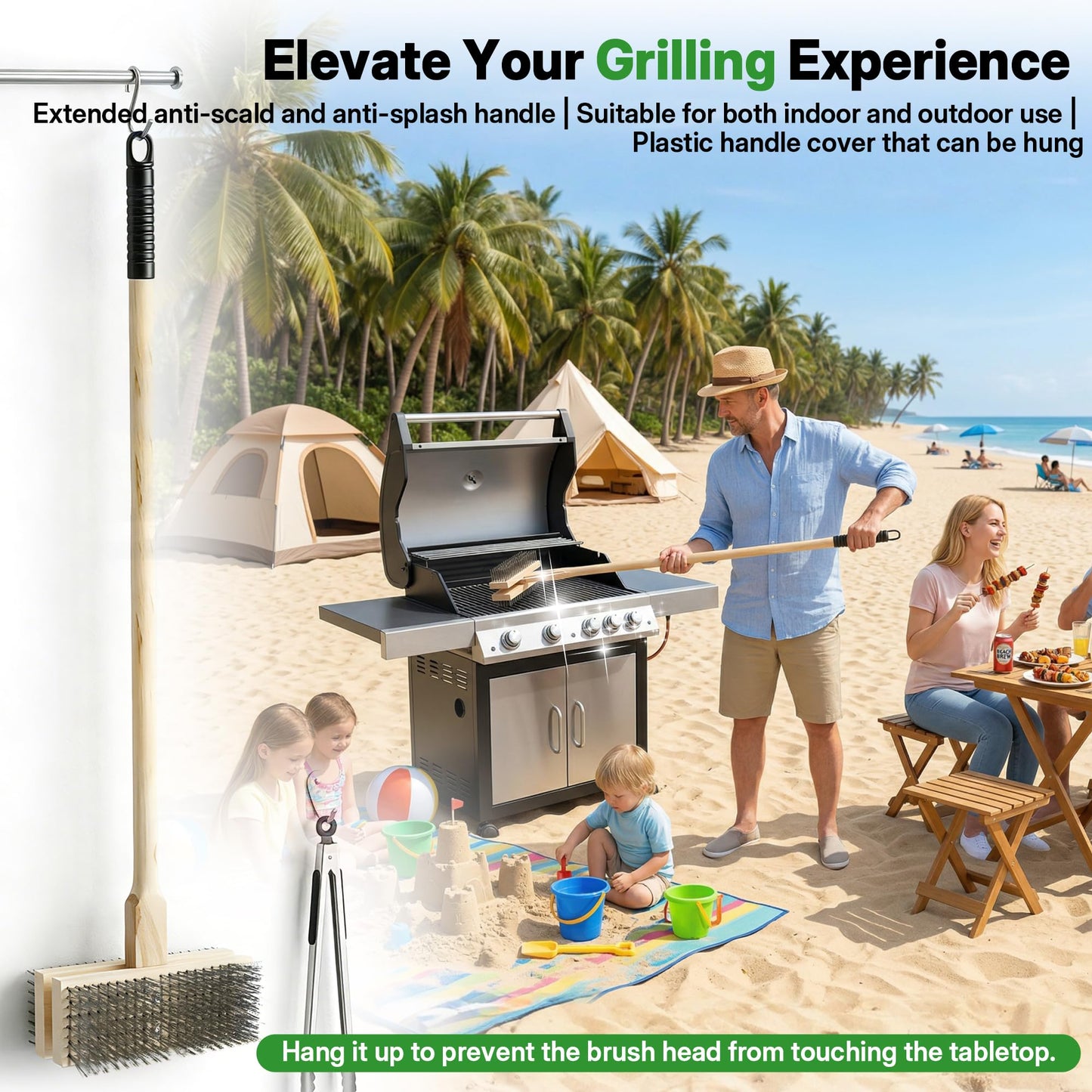 FULEIYA 2PCS 51" Stainless Steel Grill Brush for Outdoor Grill Cleaning Brush with Long Handle, BBQ Grill Brush Detachable Double Ended Wire Bristle Brush Grill with Fixing Bolts & Wrench