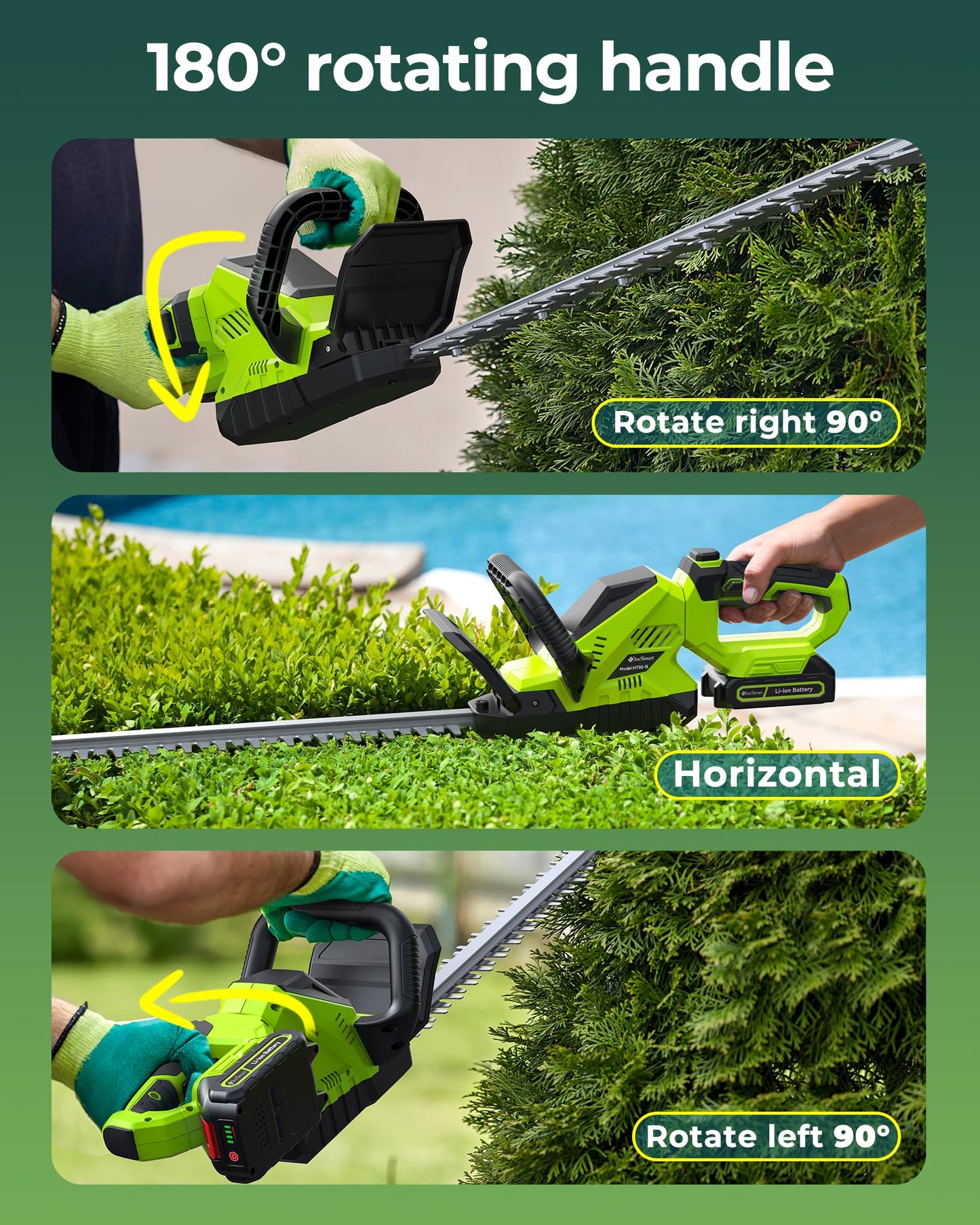 20'' Hedge Trimmer Cordless with Battery, 3000RPM Electric Handheld Bush Clipper with 2pcs 2000mAh Rechargeable Batteries, 180° Rotatable Head, 2/3'' Blade Gap Green, Gifts for Men Dad Father