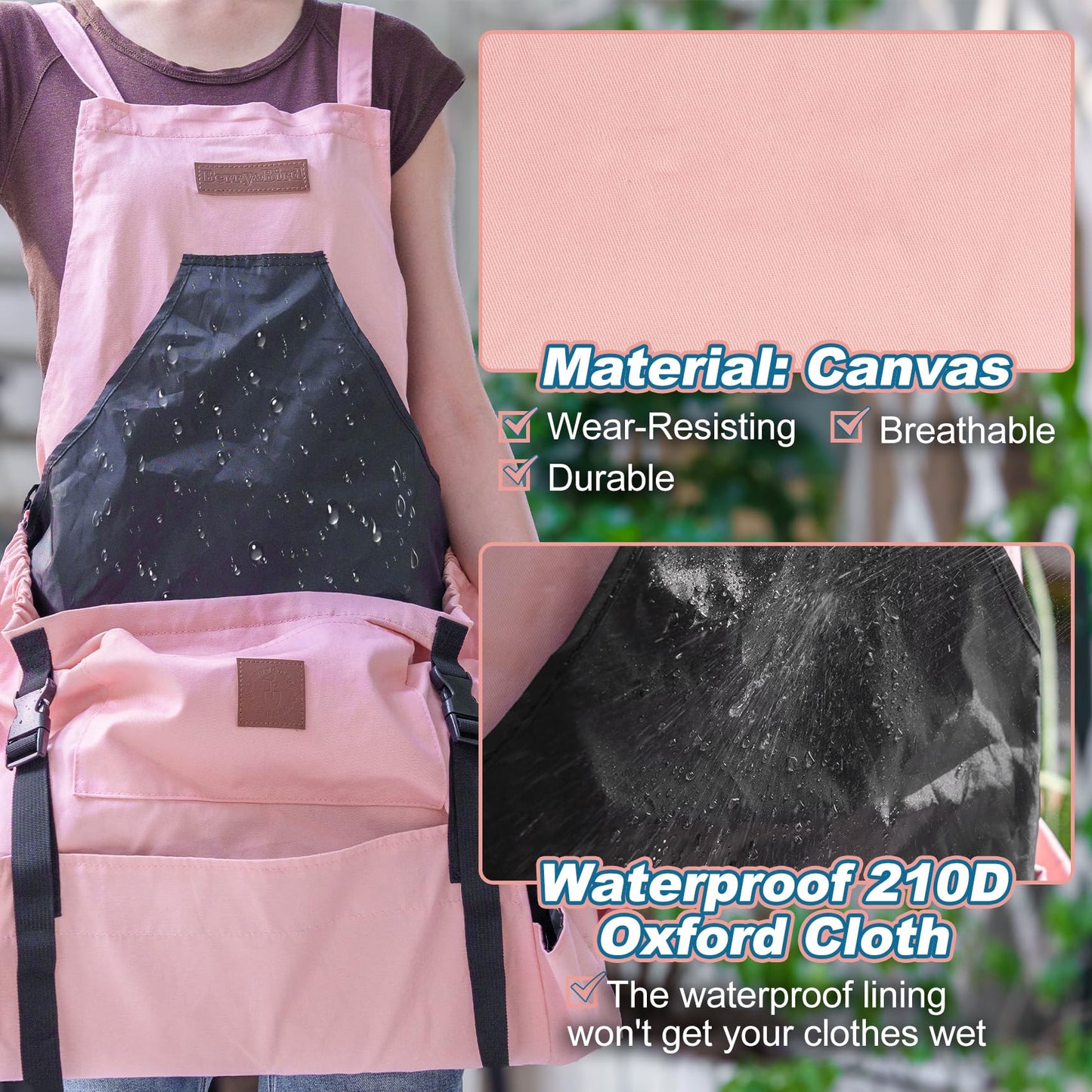 Berry&Bird Harvest Apron, Canvas Gardening Apron with Pockets and Harvesting Pouch Waterproof Harvesting Apron (Pink)