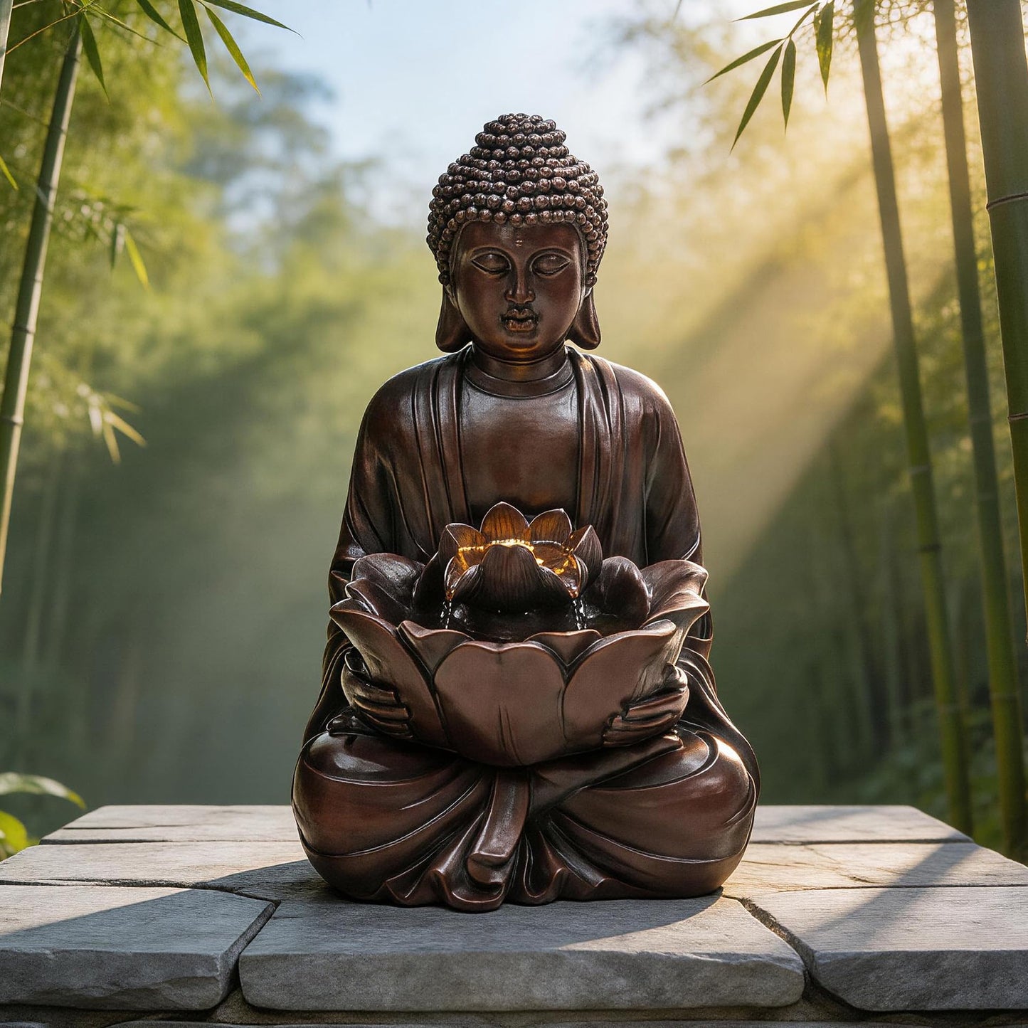 Ultym Zen Buddha Water Fountain Outdoor, 19" H Handcrafted Buddha Statue Water Feature with Soothing Waterfalls & Lights, Peaceful Oasis for Garden Patio Yard Deck Living Room Floor Tabletop Decor