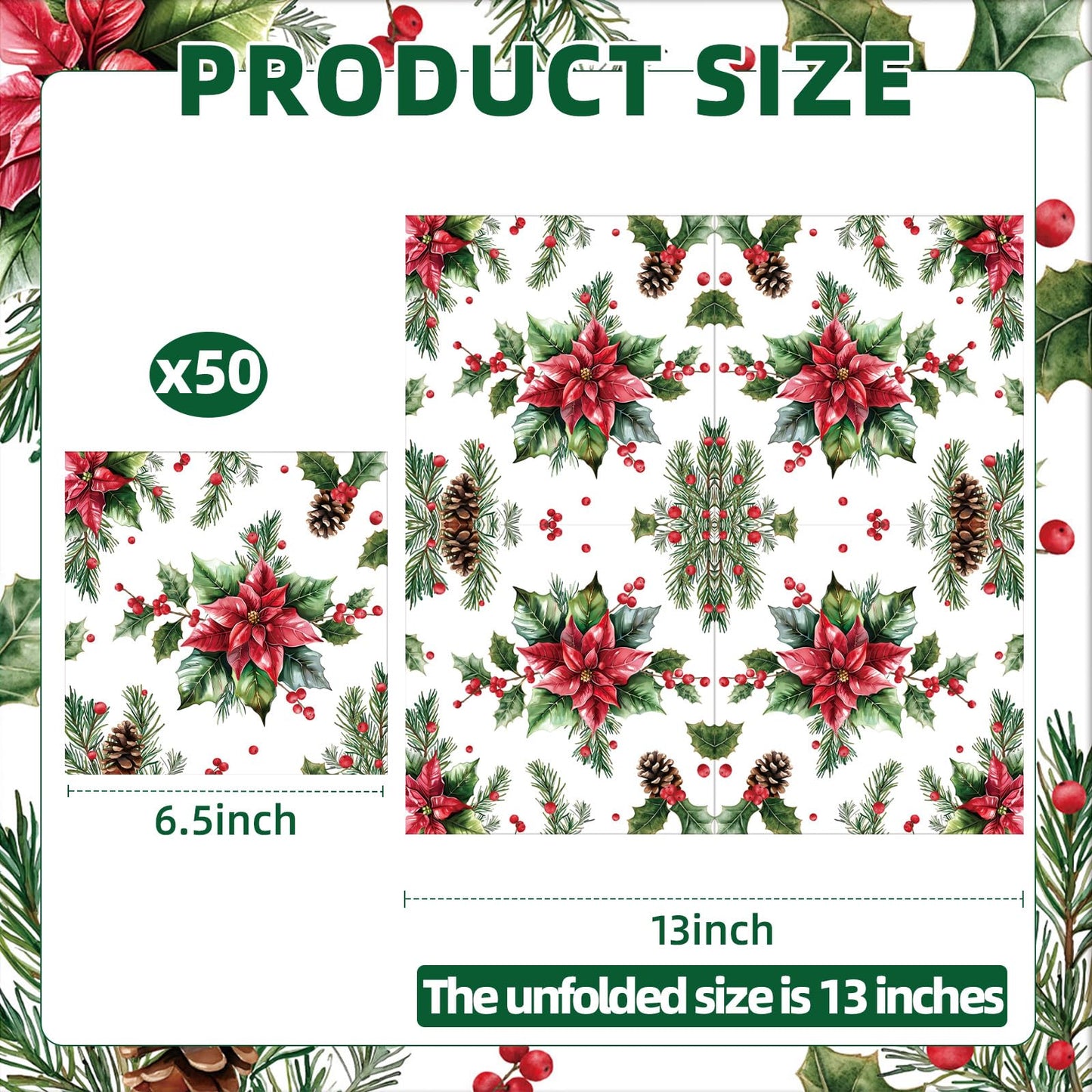 50 Pcs Christmas Poinsettia Paper Napkins, Disposable Holiday Cocktail Napkin with Red Flower, Holly, Pinecone, and Berry Design for Xmas Dinner, Winter Birthdays, Weddings, Seasonal Table Decorations