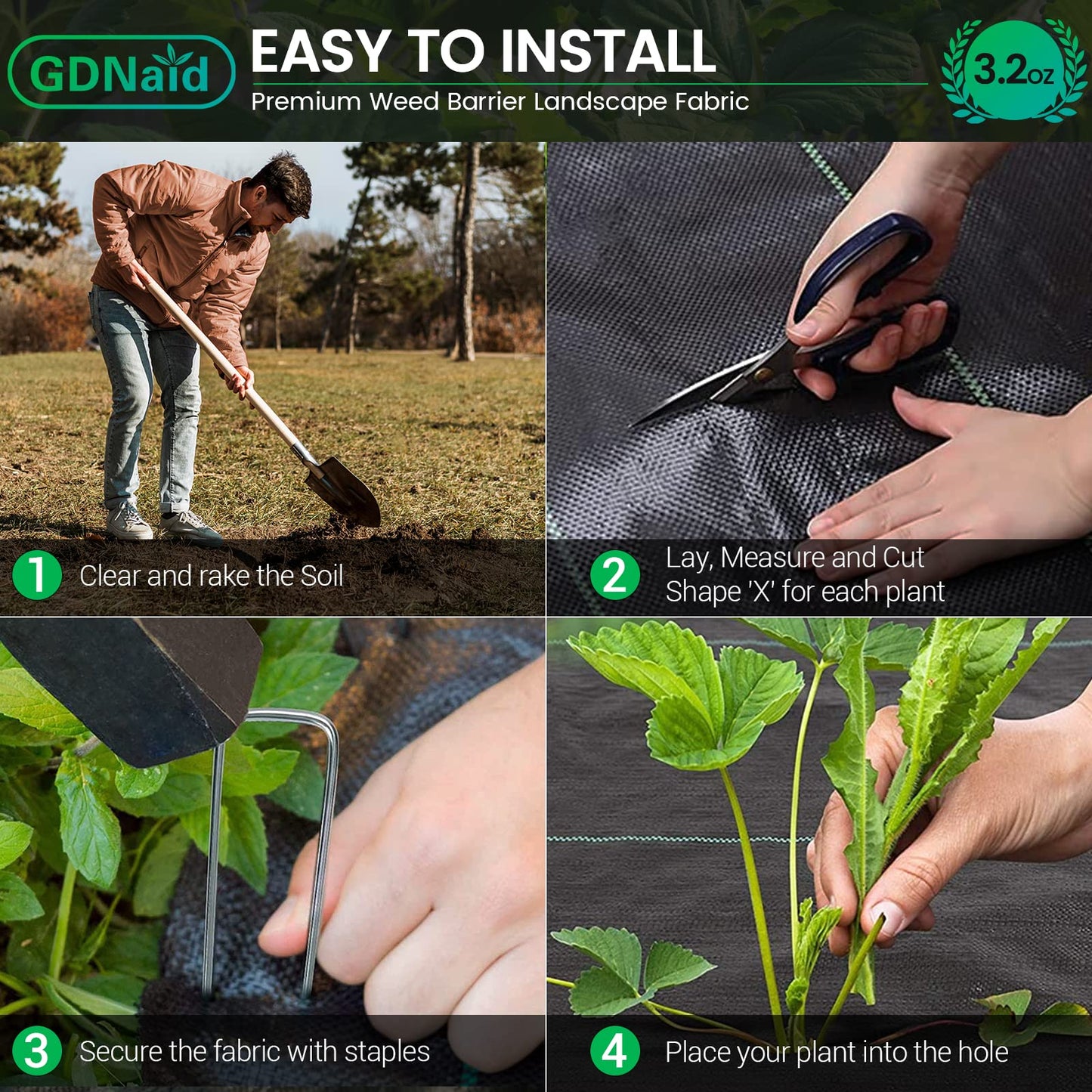 GDNaid 4ftx100ft Weed Barrier Landscape Fabric Heavy Duty, 3.2oz Weed Barrier Fabric, Easy Setup Woven Garden Weed Fabric Landscaping Fabric