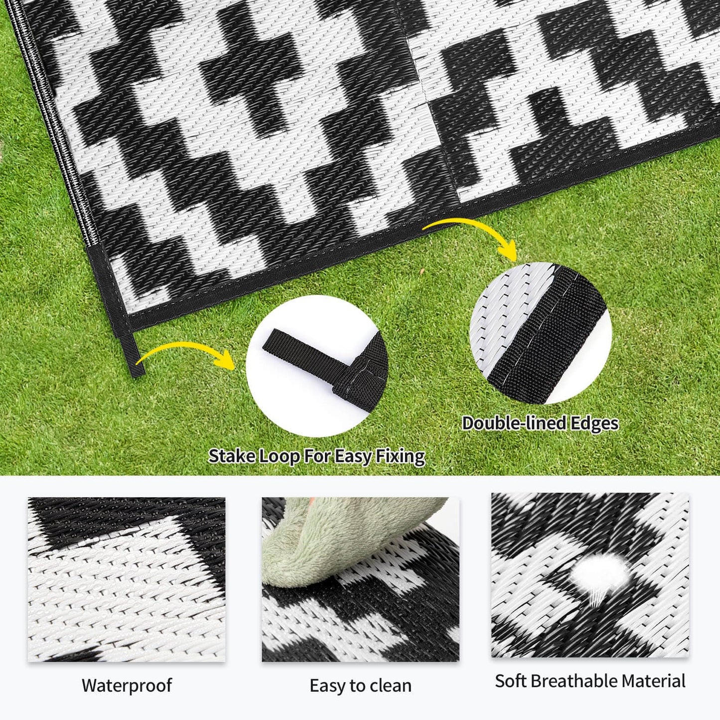 Outdoor Patio Plastic Straw Rug - 4x6 ft Outdoor Camping Rug Waterproof Reversible, Area Carpet Patios Clearance RV, Outside Porch Balcony Deck for Camper, Black & White