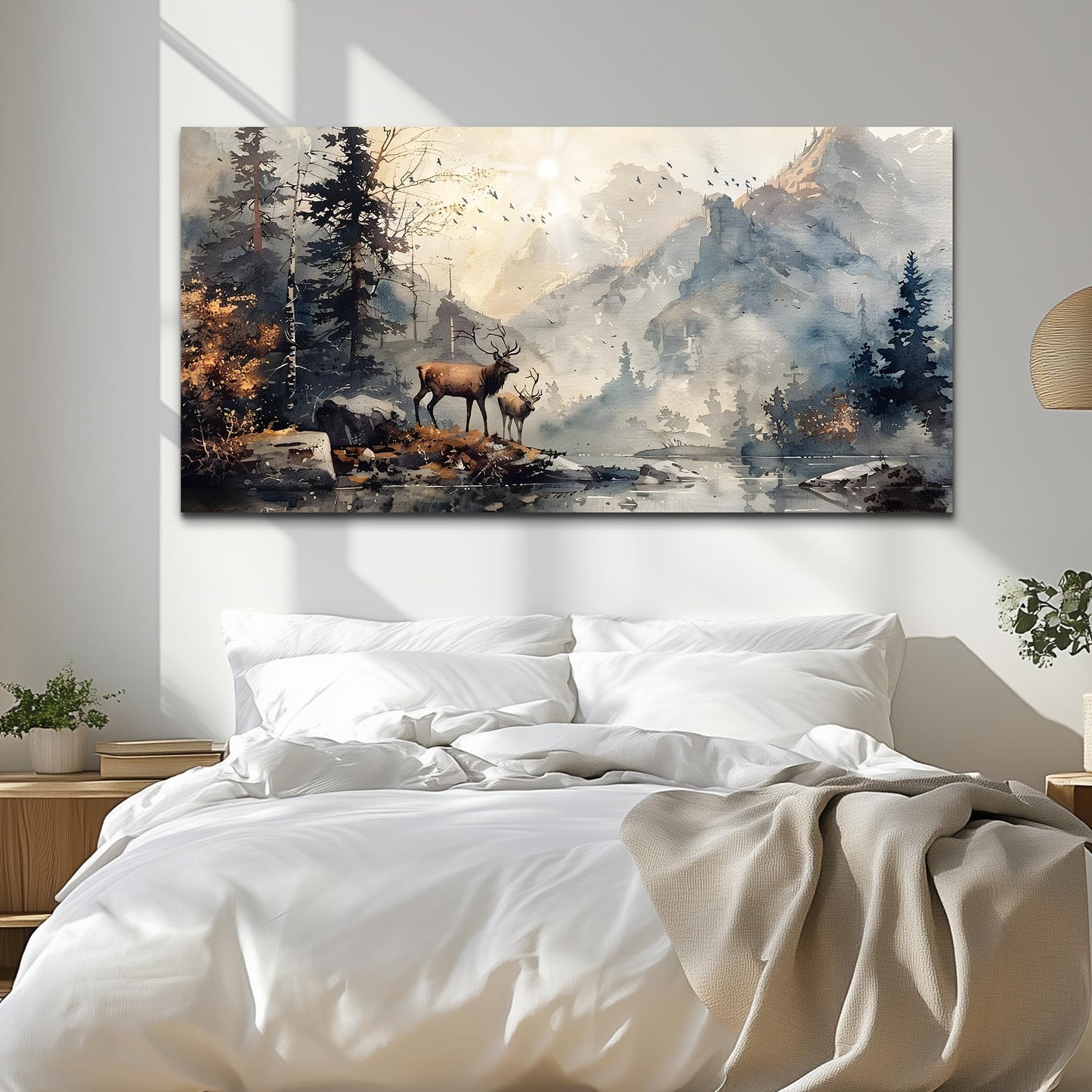 FUHAIHUA Canvas Wall Art For Living Room Framed Wall Decor For Bedroom Office Mountain Forest Landscape Ink Paintings Deer Pictures Artwork Modern Aesthetic Home Decor 20x40 In