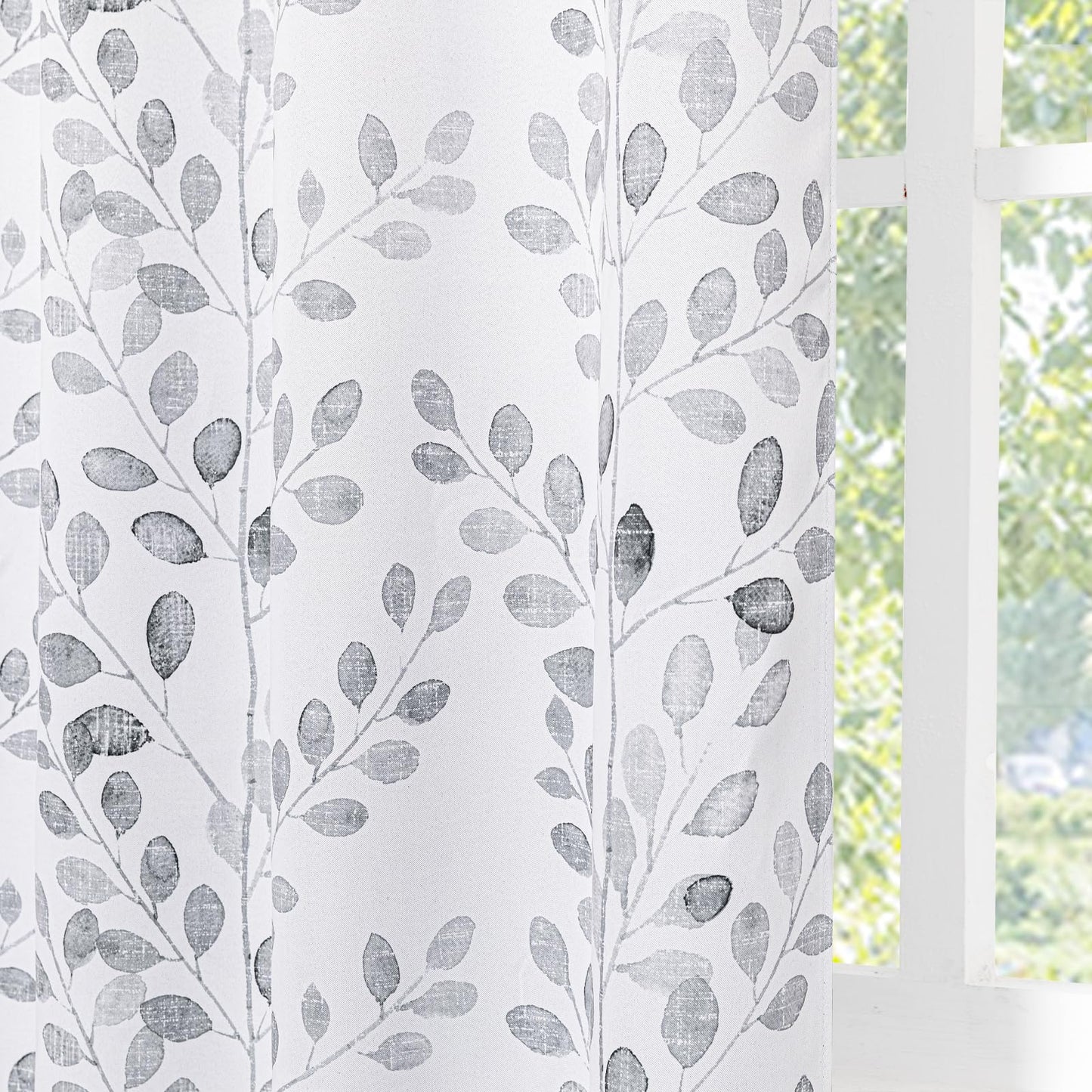 MYSKY HOME Bedroom Curtains 2 Panel Sets Thermal Insulated Curtains for Small Window Leaf Print Classical Room Darkening Drapes for Living Room, 52W x 63L Inch, Grey