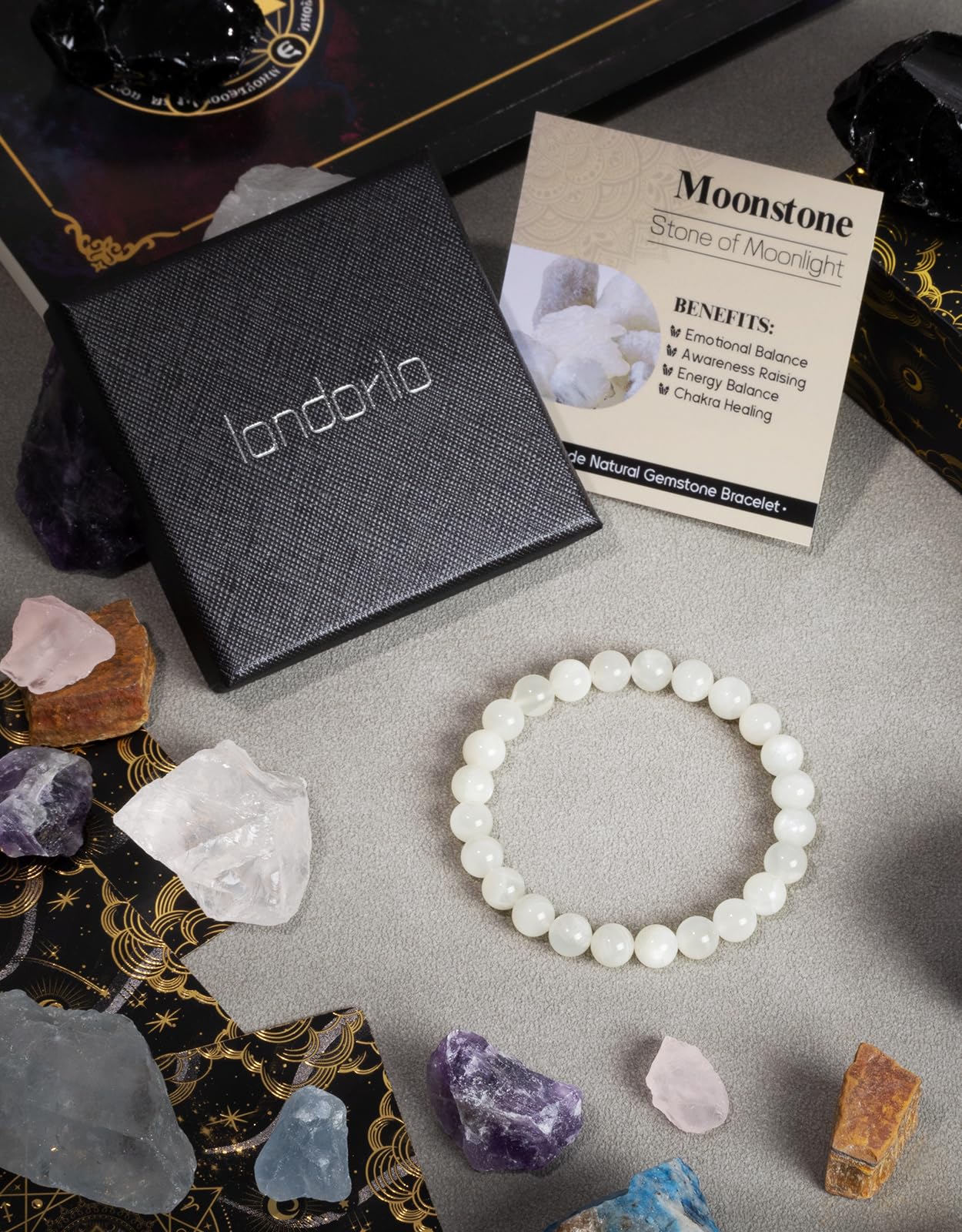 Landorilo Beaded Bracelet for Men Women, 8mm Natural Stone Moonstone Healing Crystal Stretch Bracelets, Ideal Christmas Birthday Jewelry Gifts with Energy Card，Replacement Beads Included