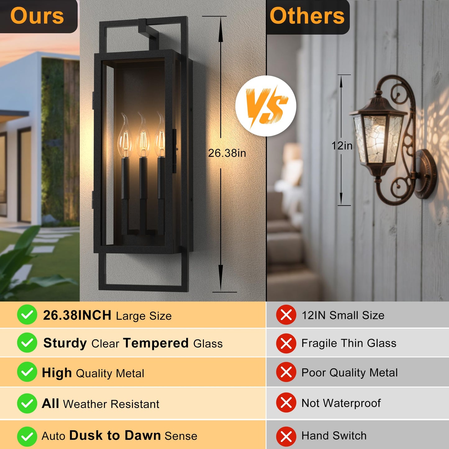 Lawyettle 26.38IN Porch Light Outdoor, Dusk to Dawn Wall Lantern with Tempered Glass, Waterproof Outside Light Front Porch Light 3-Light, Matte Black Front Open Window Wall Sconce for Patio