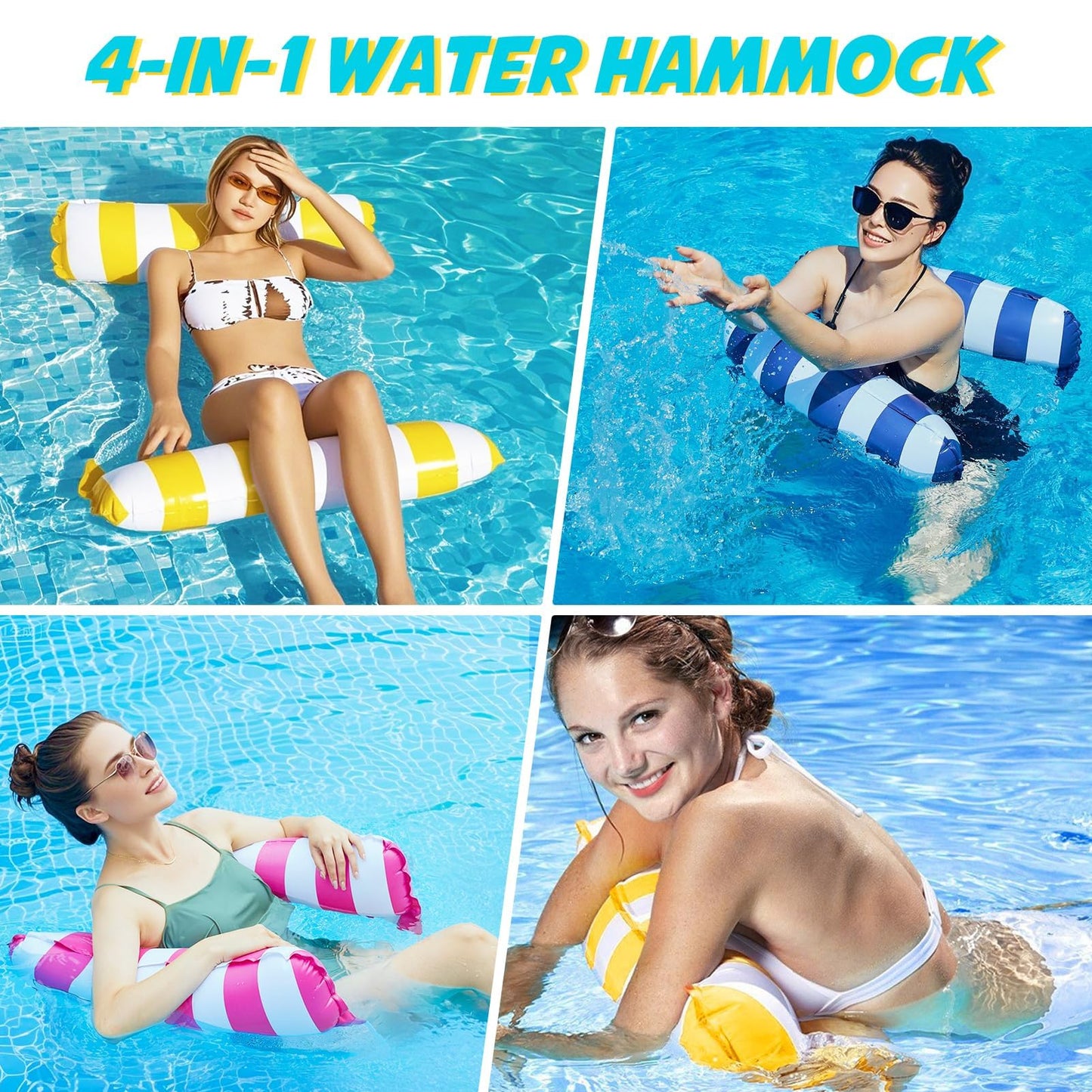Inflatable Pool Float Hammock for Adults – 4-in-1 Floating Water Lounger with Headrest & Footrest – Portable Mesh Floatie for Pool, Beach, Lake – Blue & White Striped Water Hammock Chair